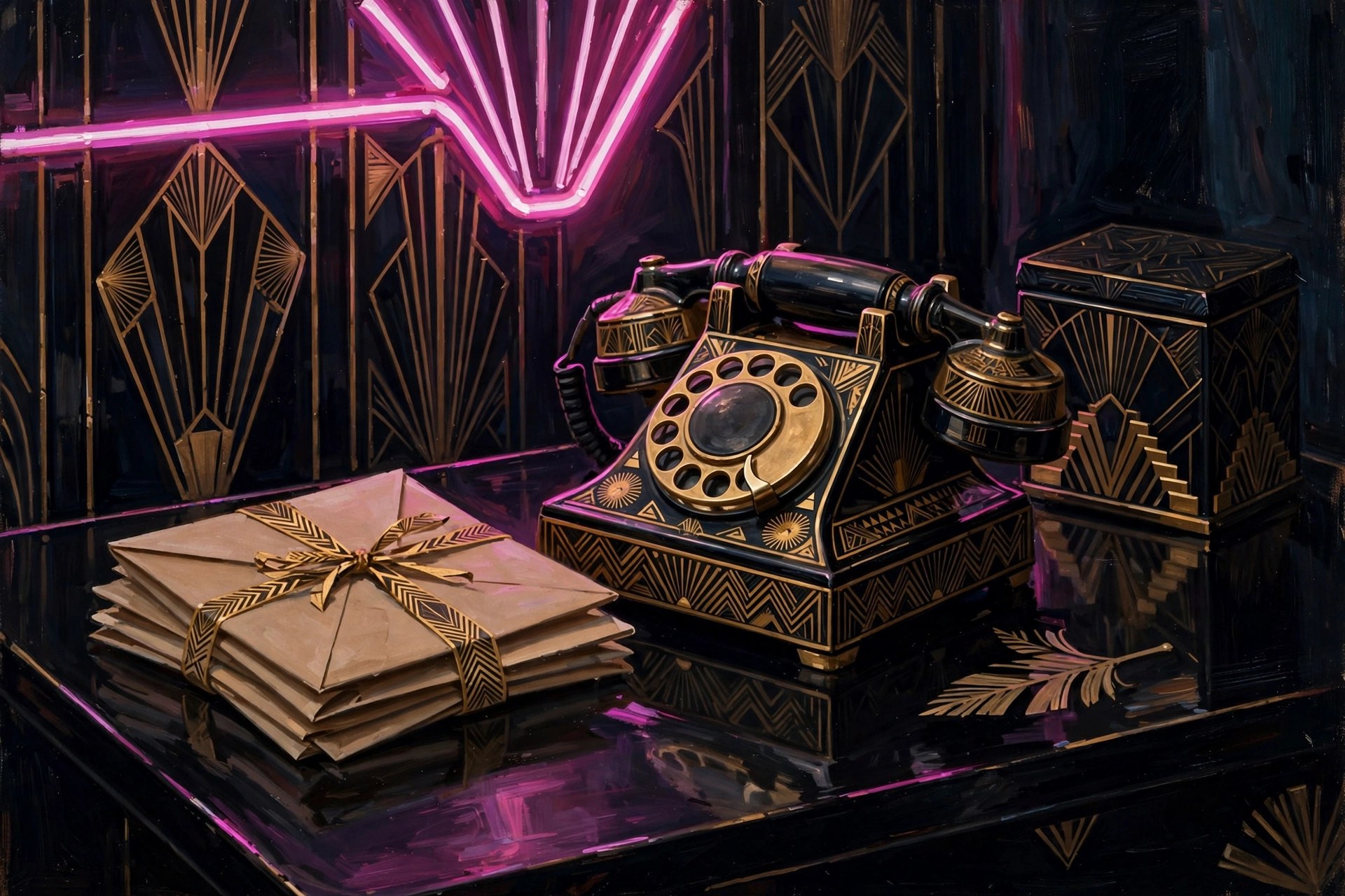 Art deco telegram letters and a rotary phone on a black desk in magenta glow