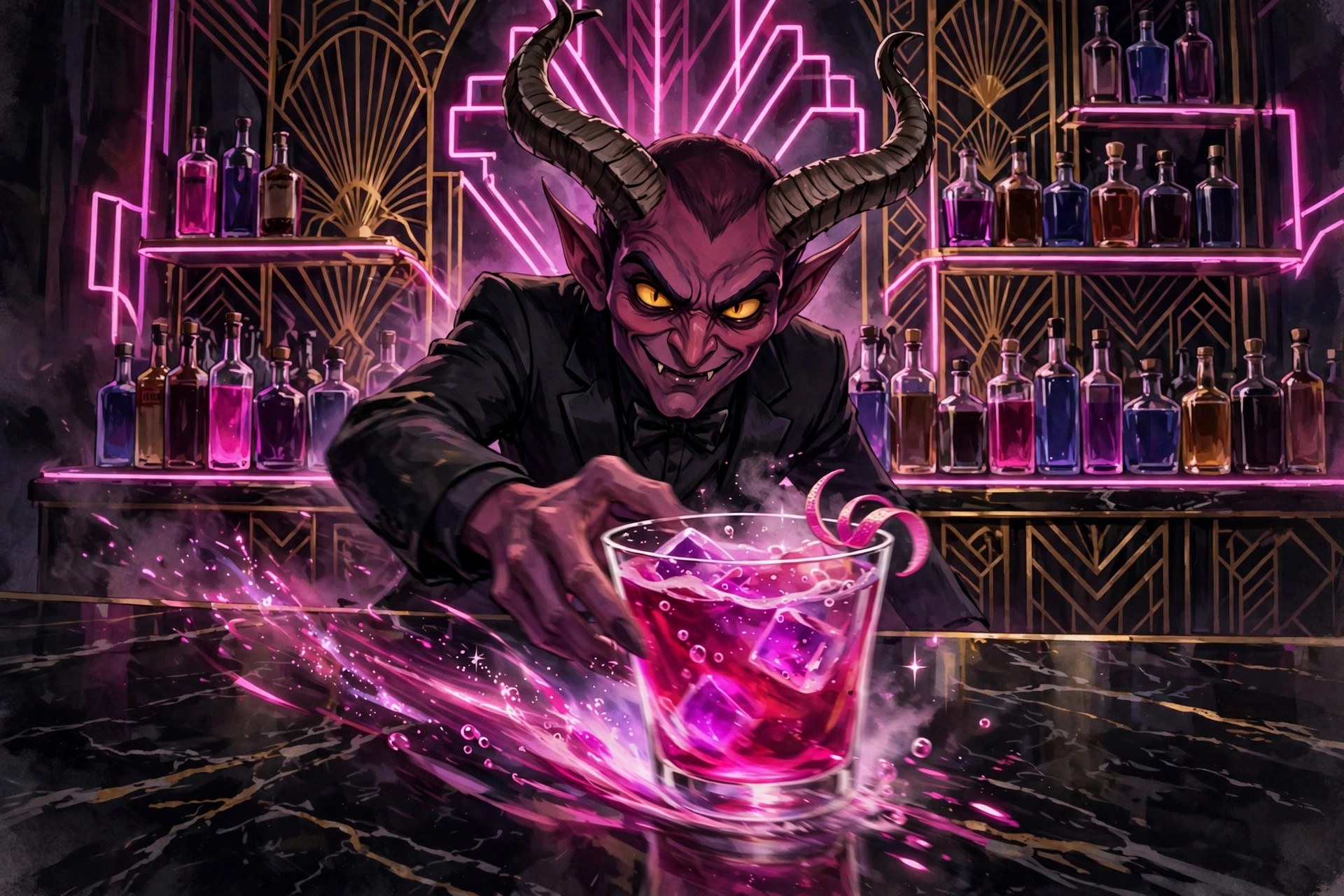 Velvet Damnation sliding a glowing magenta cocktail across a black marble bar