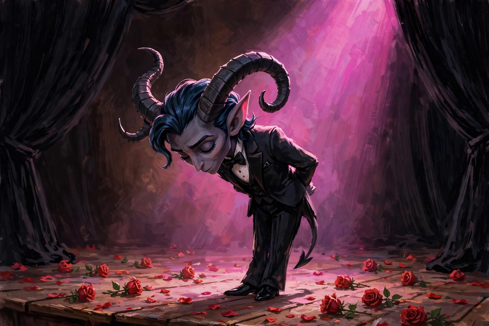 Velvet Damnation taking a bow on stage at curtain call, roses scattered on the floor