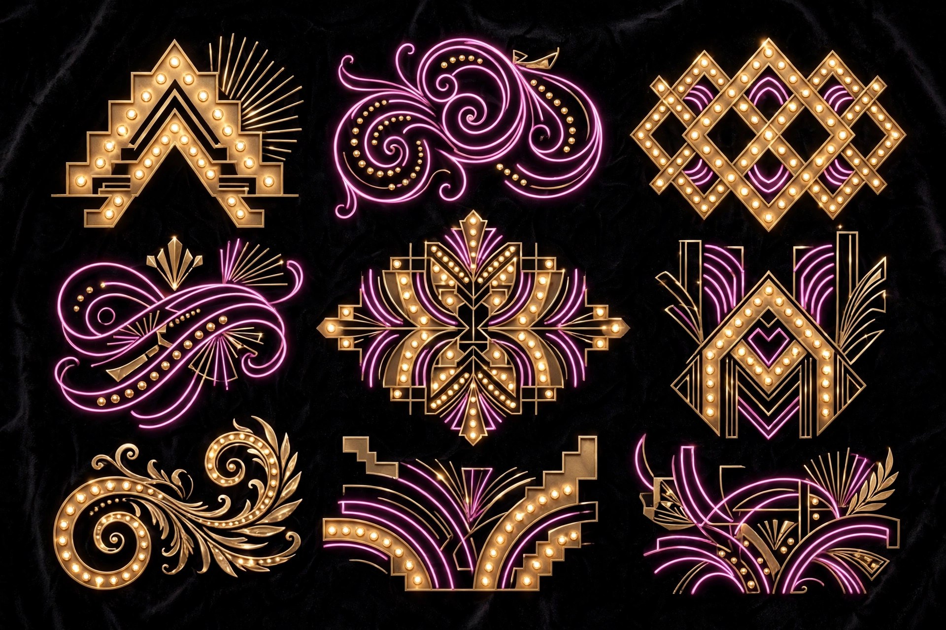 Golden art deco marquee letterforms glowing on black velvet