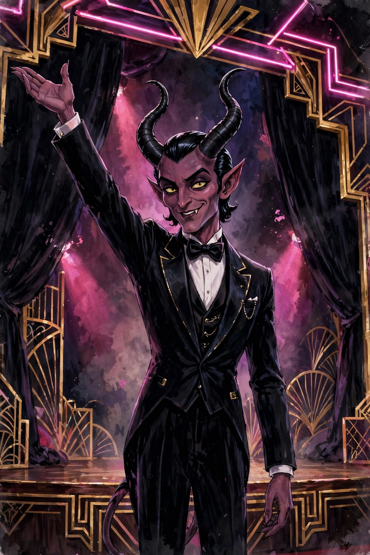 The Velvet Damnation character — a stylized animated demon in a black tuxedo with curved horns — on a cabaret stage