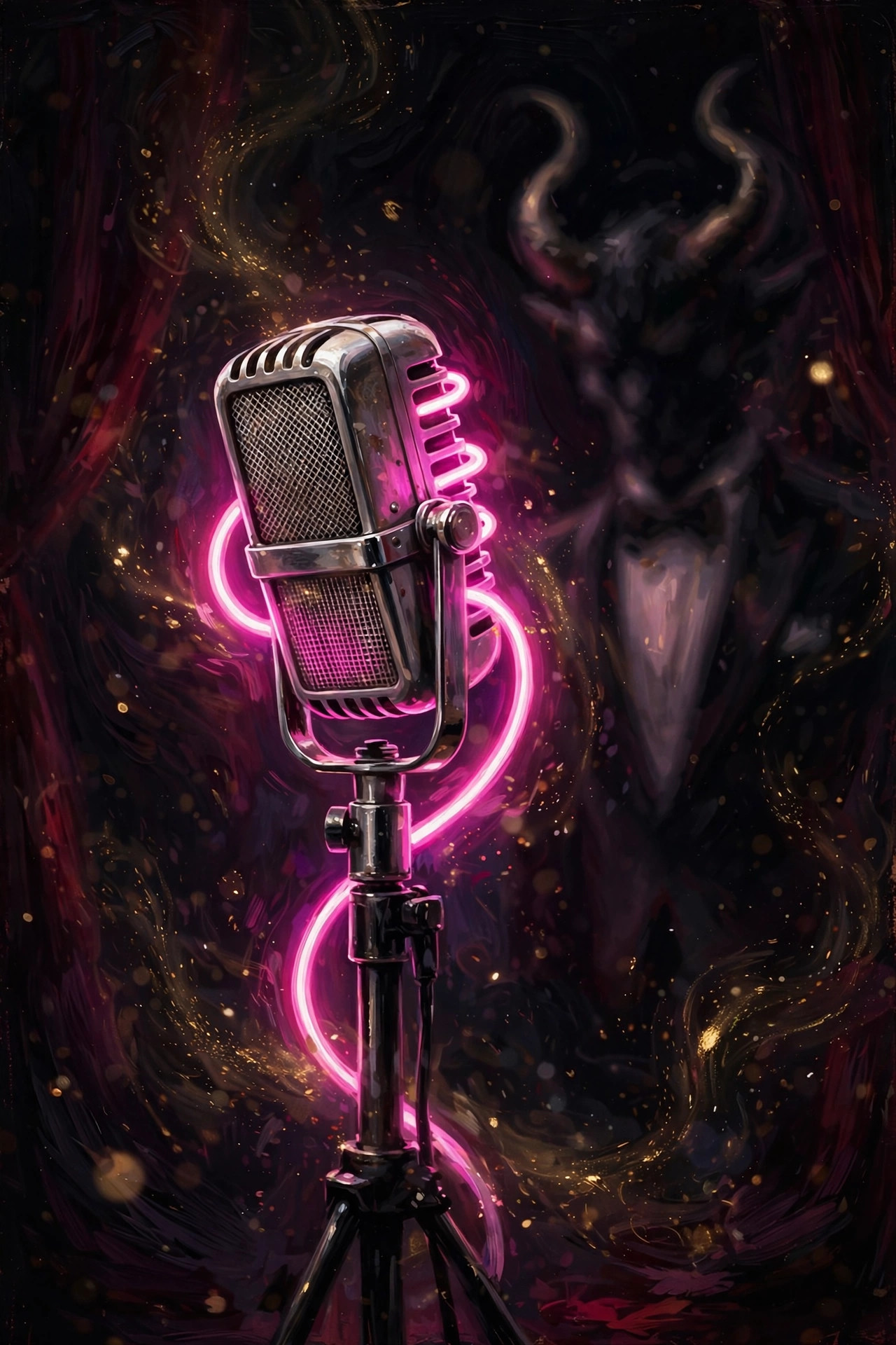 Vintage chrome microphone on a stand glowing with magenta neon on a dark cabaret stage