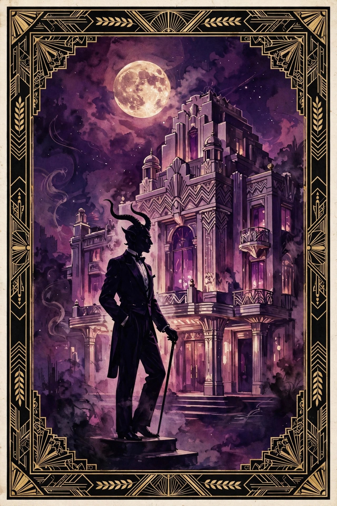Vintage cabaret-poster style illustration of a tuxedoed demon silhouette before a grand cabaret under a full moon
