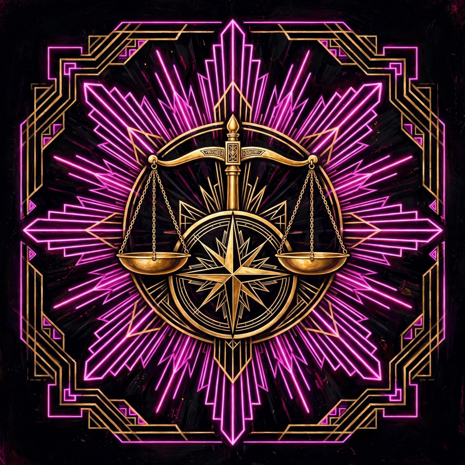 Art deco scales and compass motif in gold on black