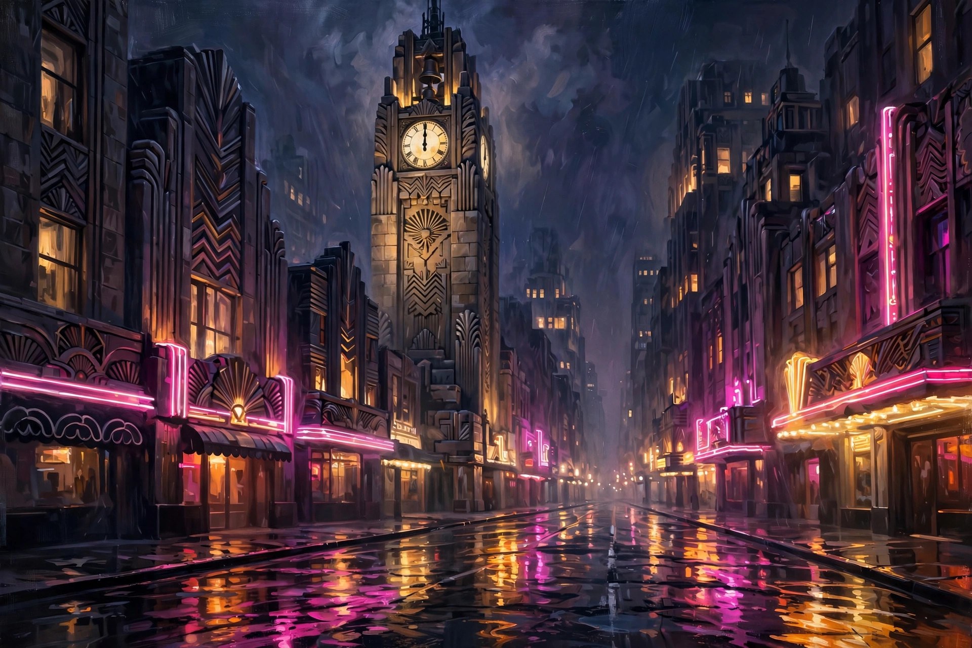 Clock tower at midnight over a neon-lit jazz-age street with rain reflections
