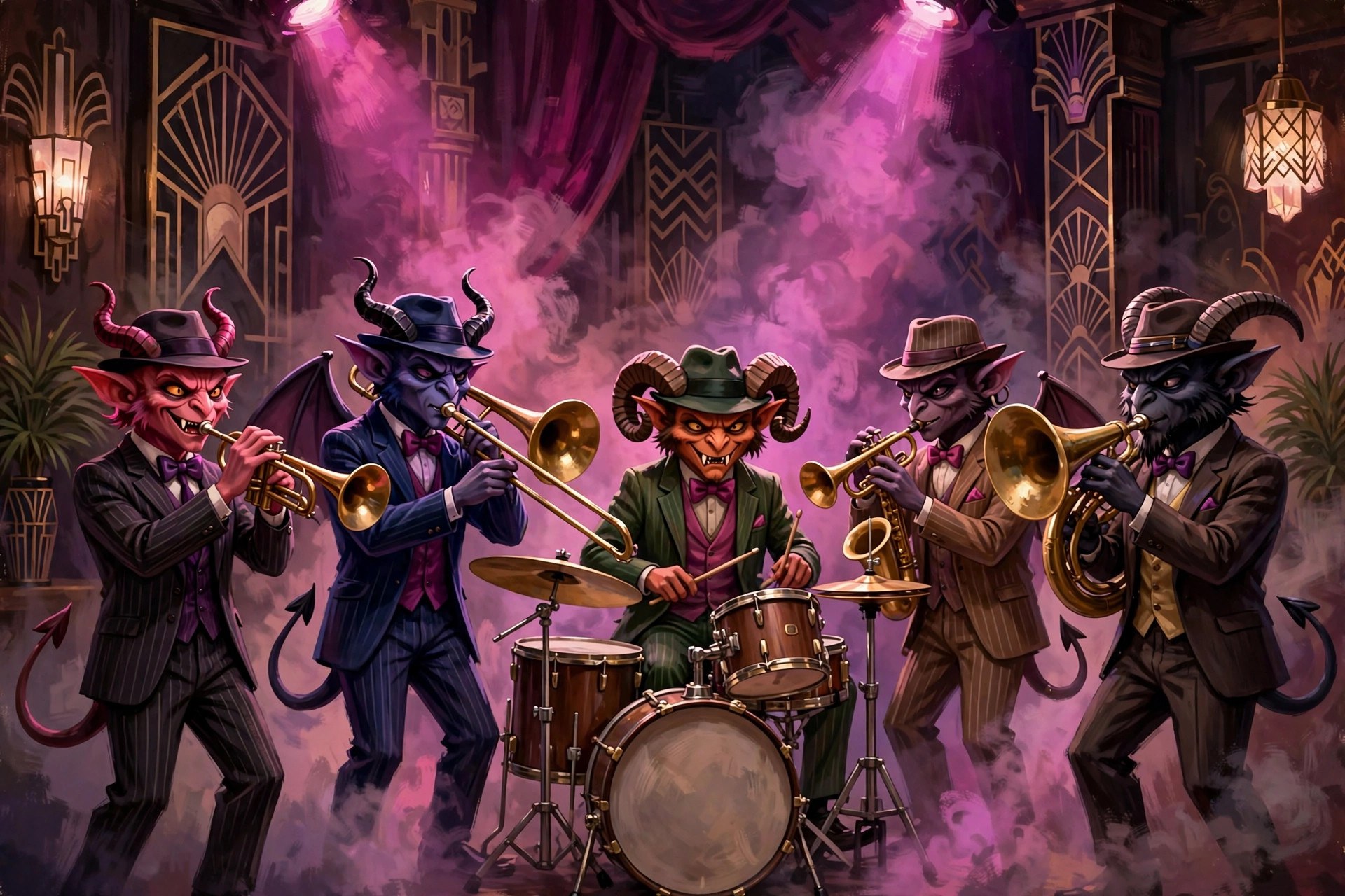 1920s jazz band of stylized animated demons in suits playing brass instruments in a smoky club