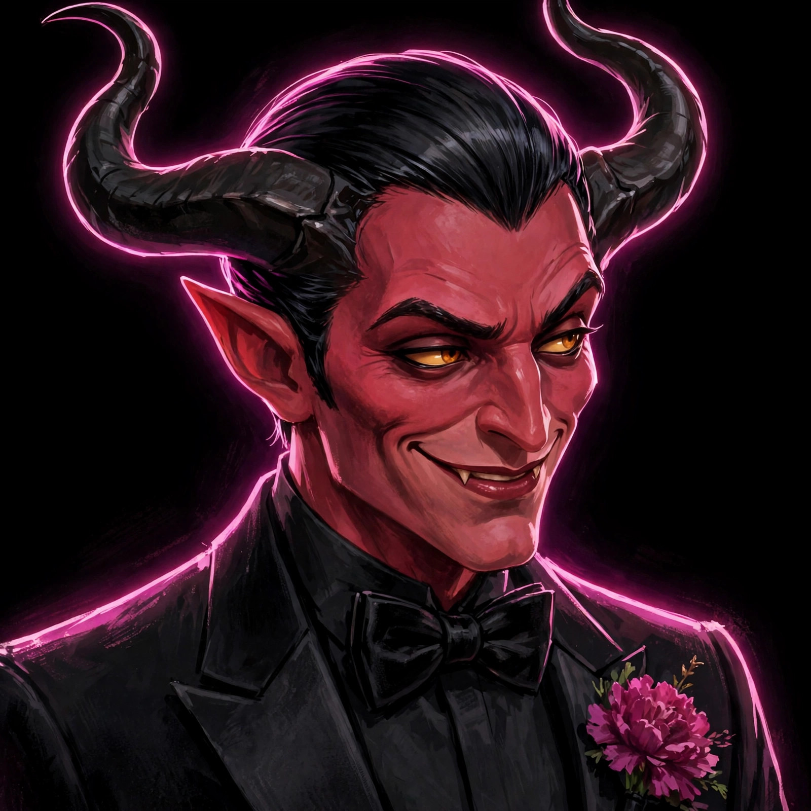Close portrait of the Velvet Damnation character: crimson-skinned animated demon with curved horns in a tuxedo