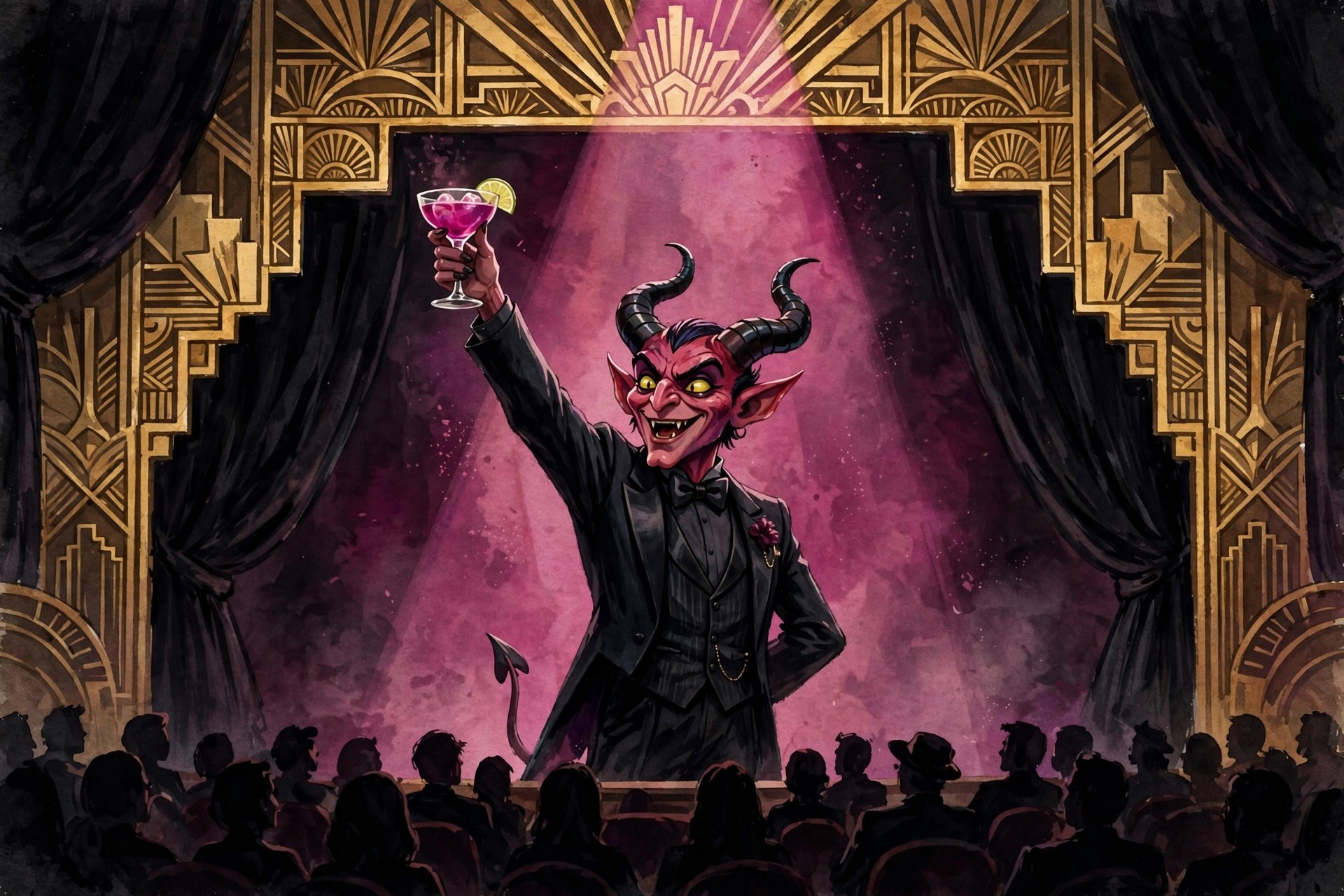 Velvet Damnation mid-performance on stage, raising a cocktail glass in a toast to a silhouetted audience