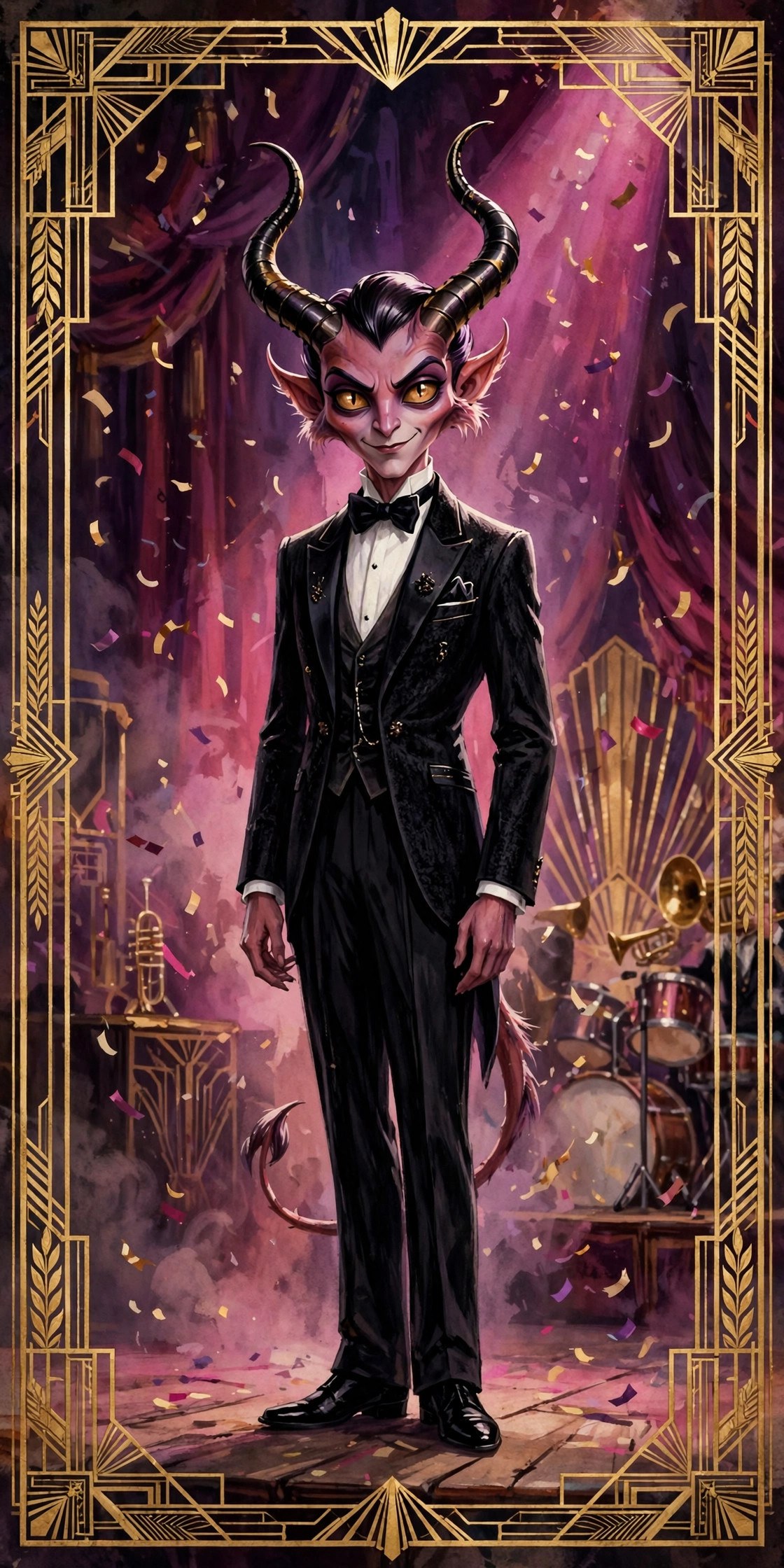 Full-body portrait of Velvet Damnation in a tuxedo on stage amid confetti in a deco frame