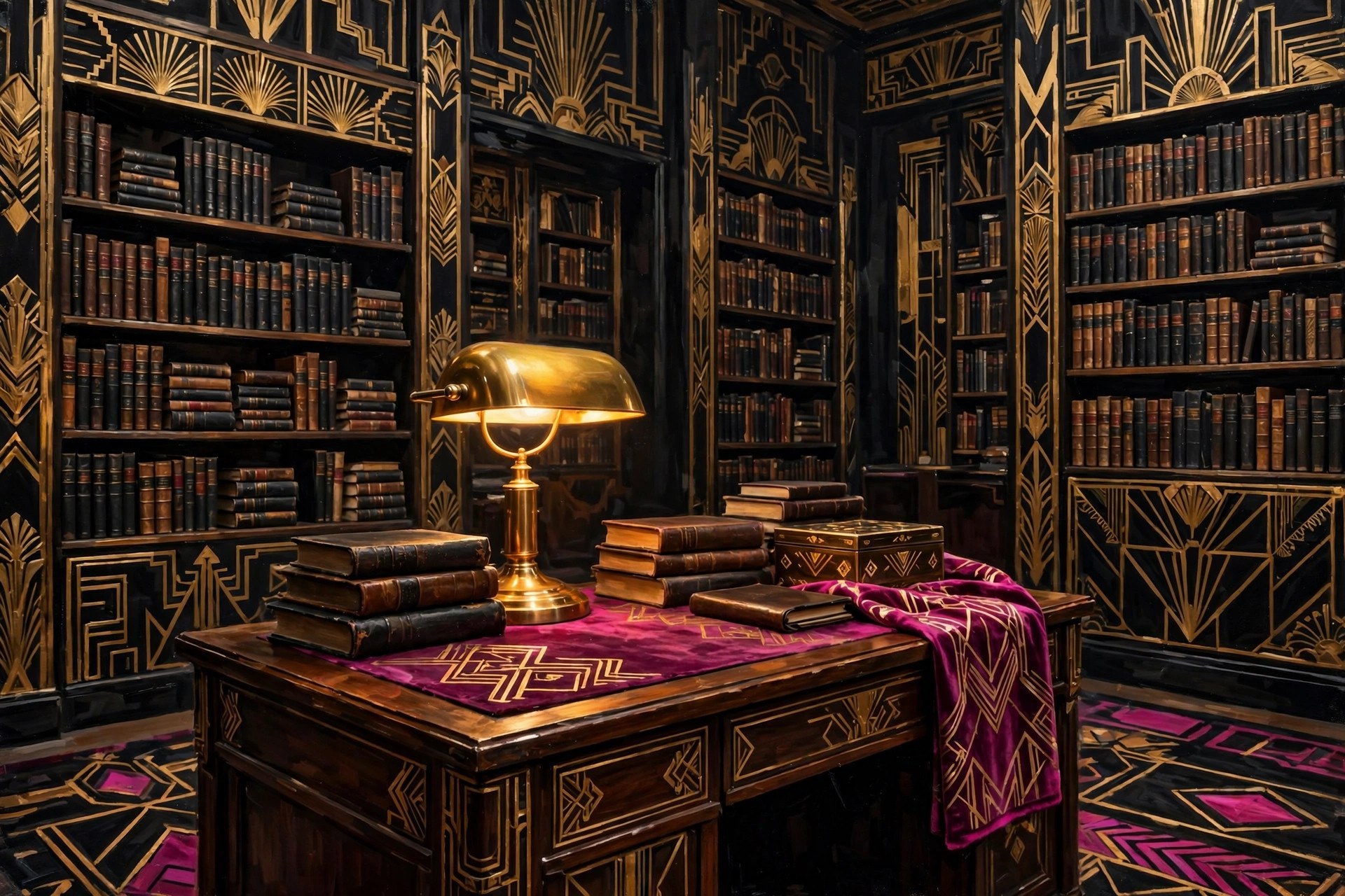 Art deco library reading room with a brass lamp and stacked books in black and gold
