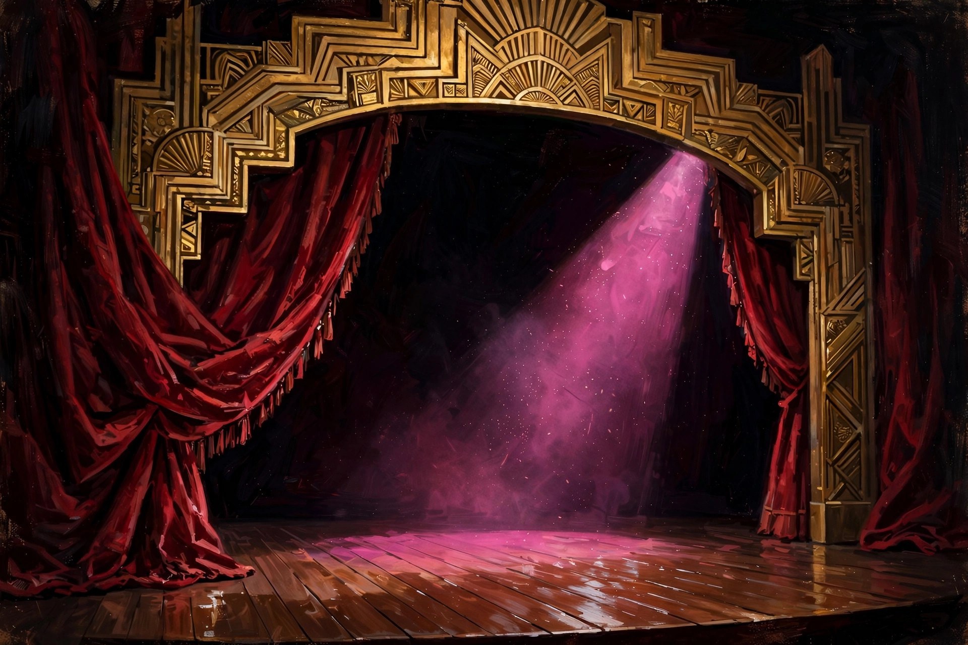 Empty art deco theater stage with red velvet curtains parted and a single spotlight cone