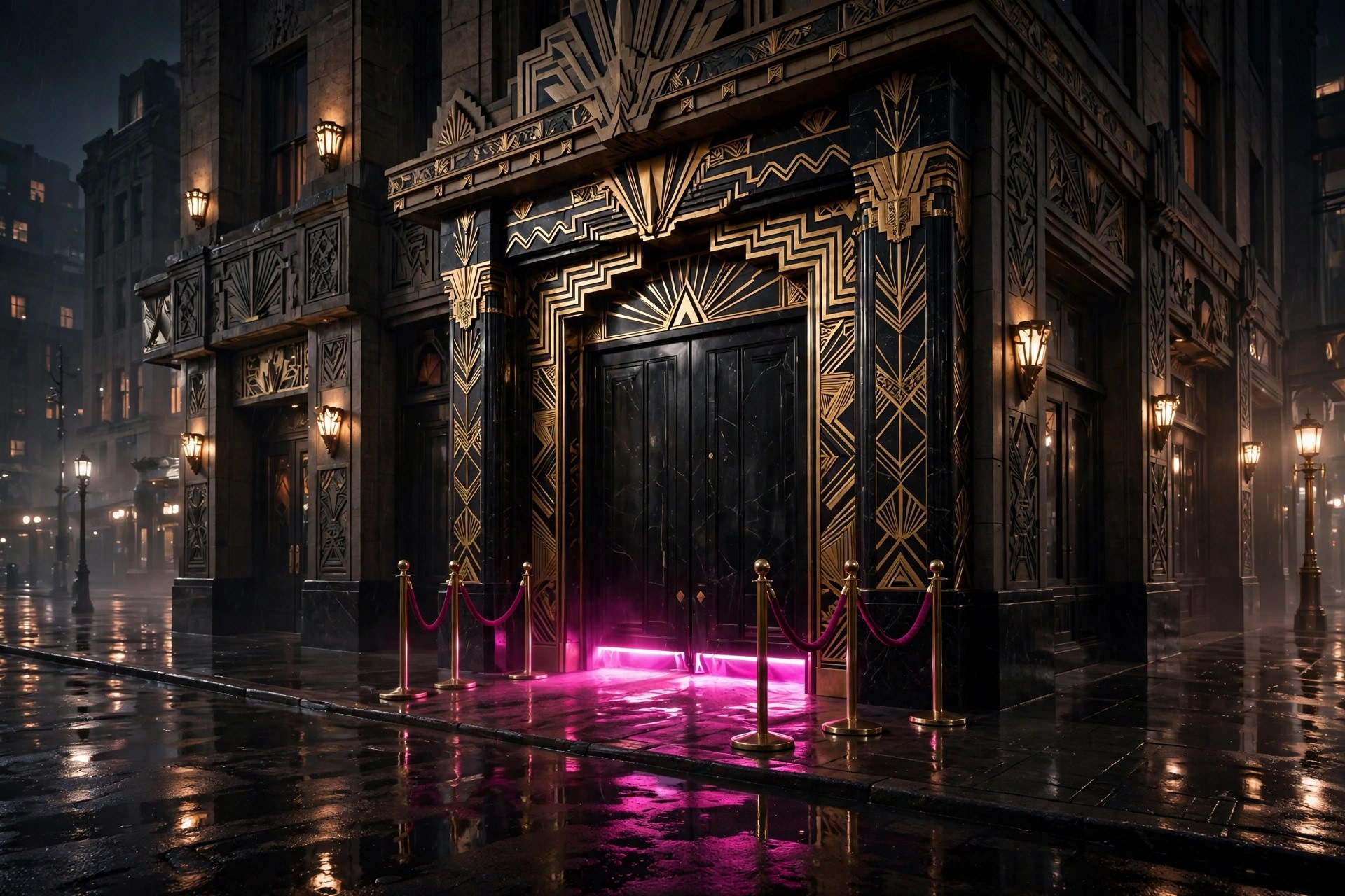 Art deco cabaret entrance facade at night, magenta neon glowing under tall black marble doors