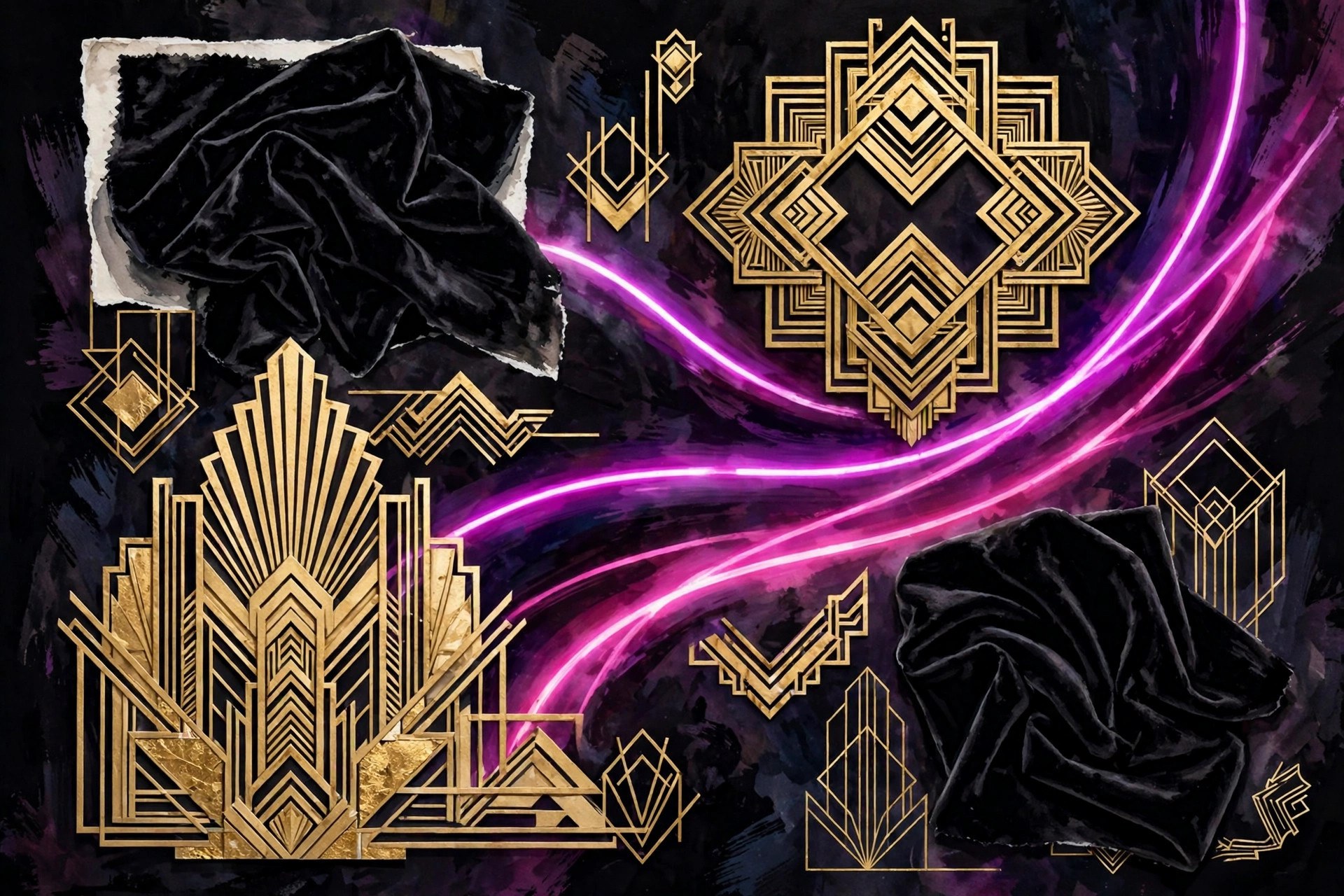 Art deco style collage of black, magenta and gold velvet swatches and deco frames