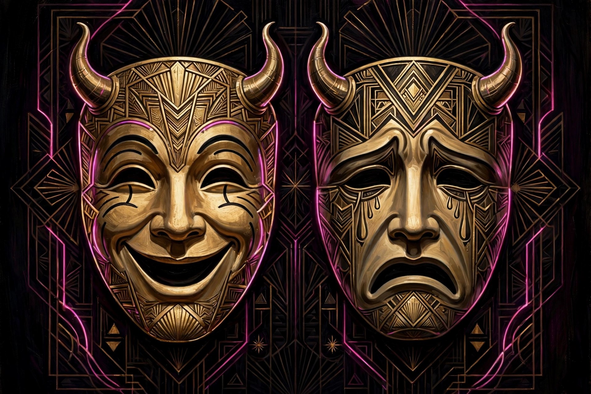 Art deco comedy and tragedy theatrical masks with small horns, gold on black