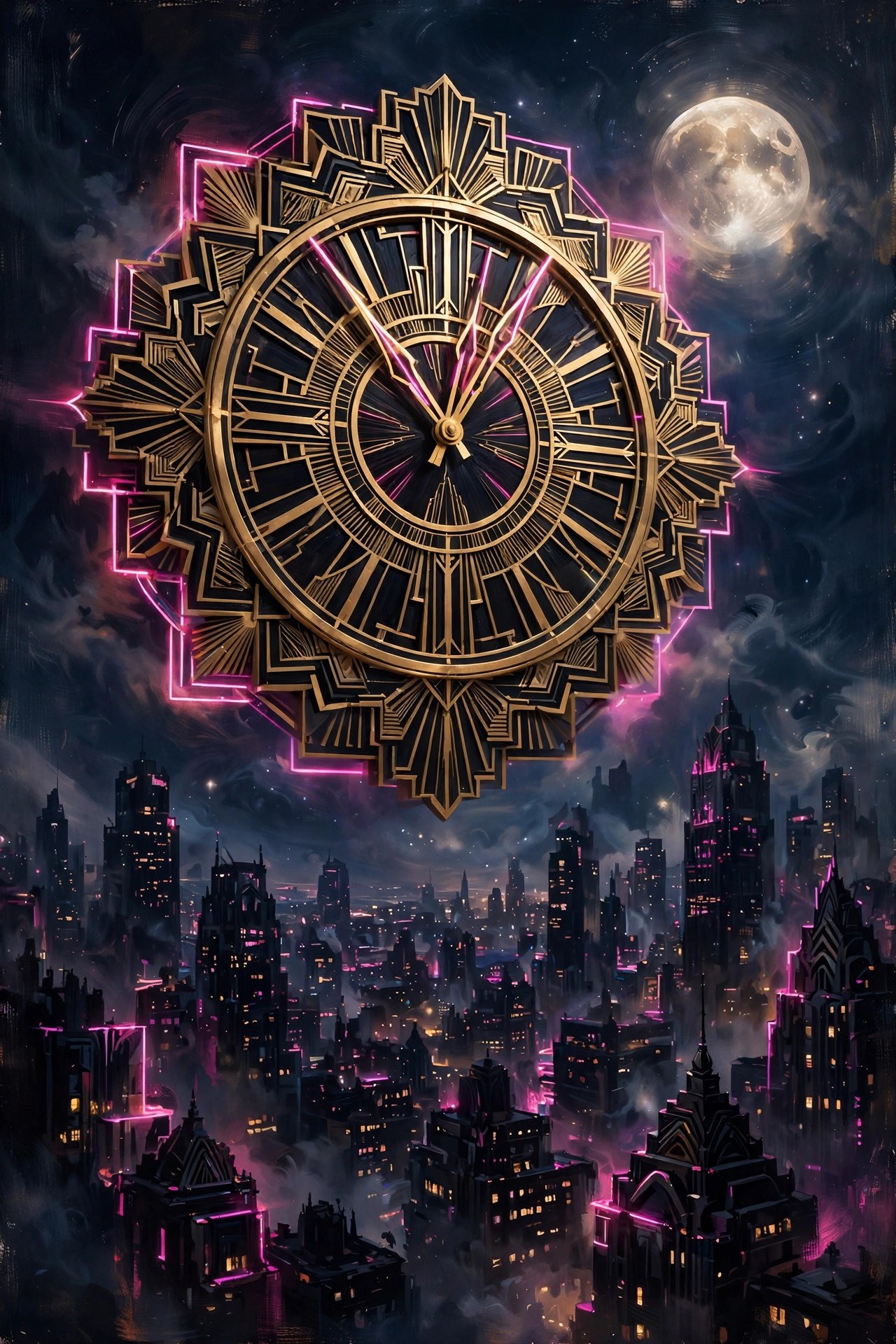 Giant art deco clock face over a night city, hands near midnight