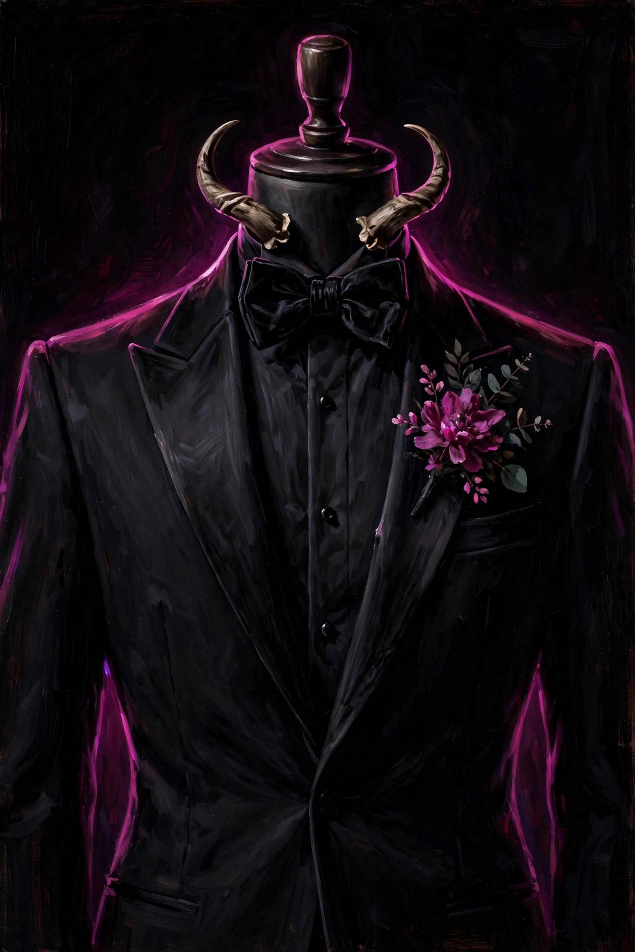 An elegant black tuxedo with velvet bow tie on a tailor's mannequin, curved horns resting at the collar