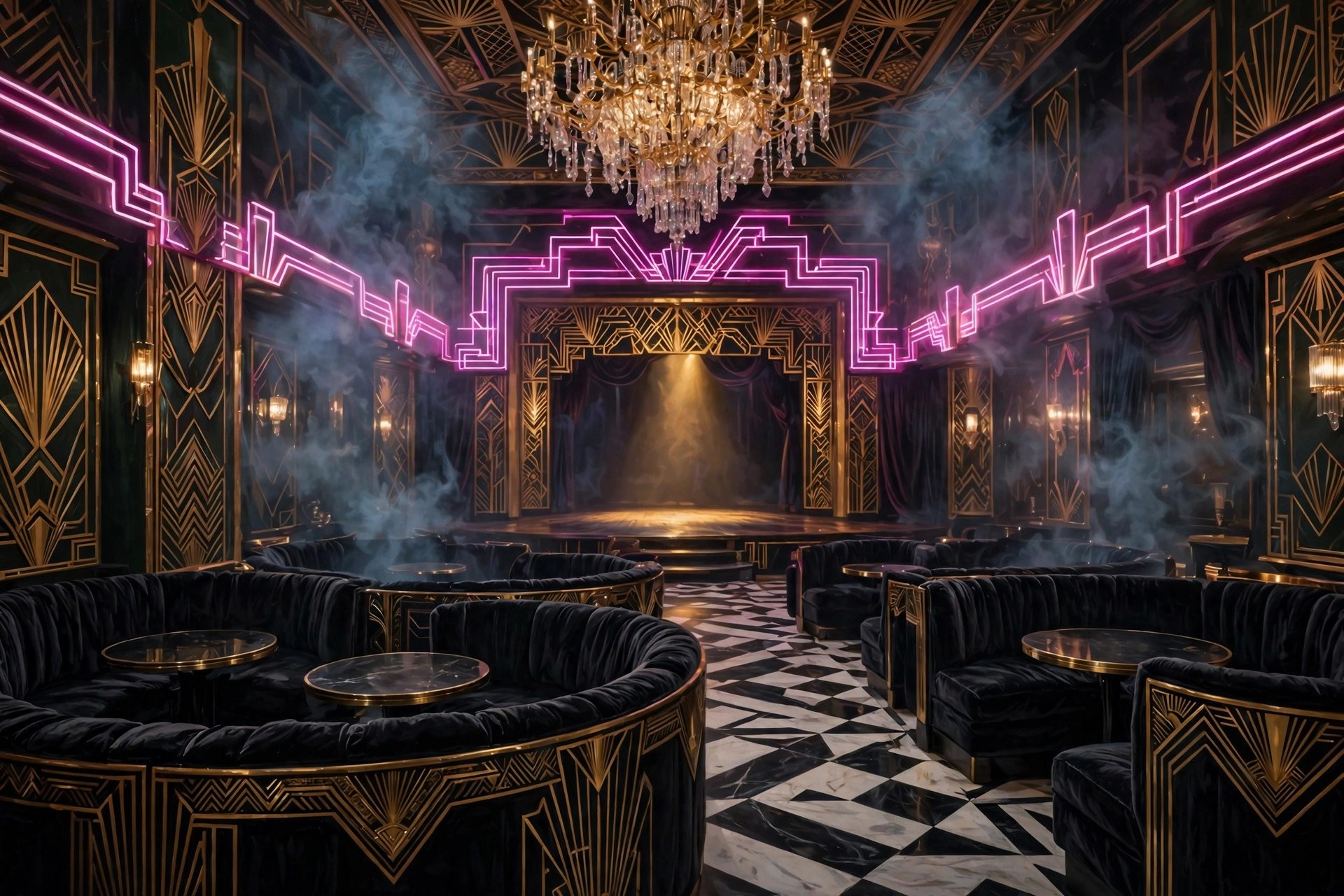 Opulent 1920s jazz-age cabaret interior with black velvet booths, gold deco details and a spotlighted stage