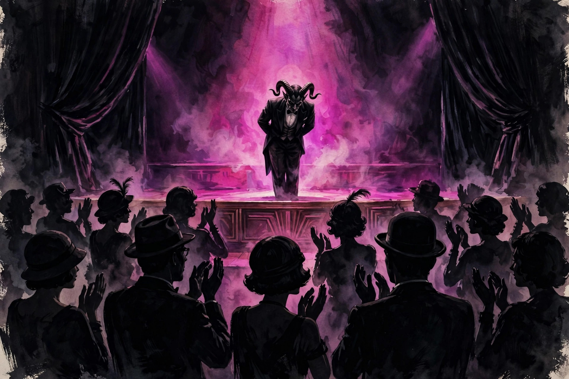 Silhouetted audience applauding as the tuxedoed demon host takes a bow in a magenta spotlight
