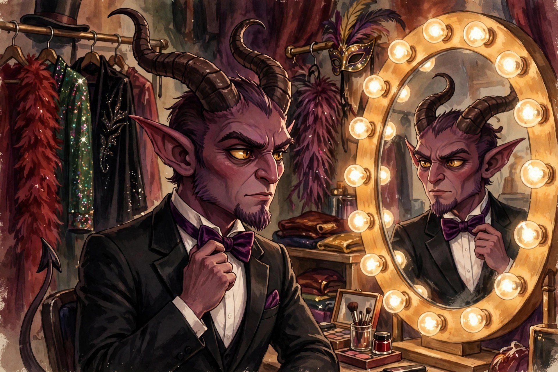 Velvet Damnation adjusting his velvet bow tie in a backstage mirror ringed with bulbs