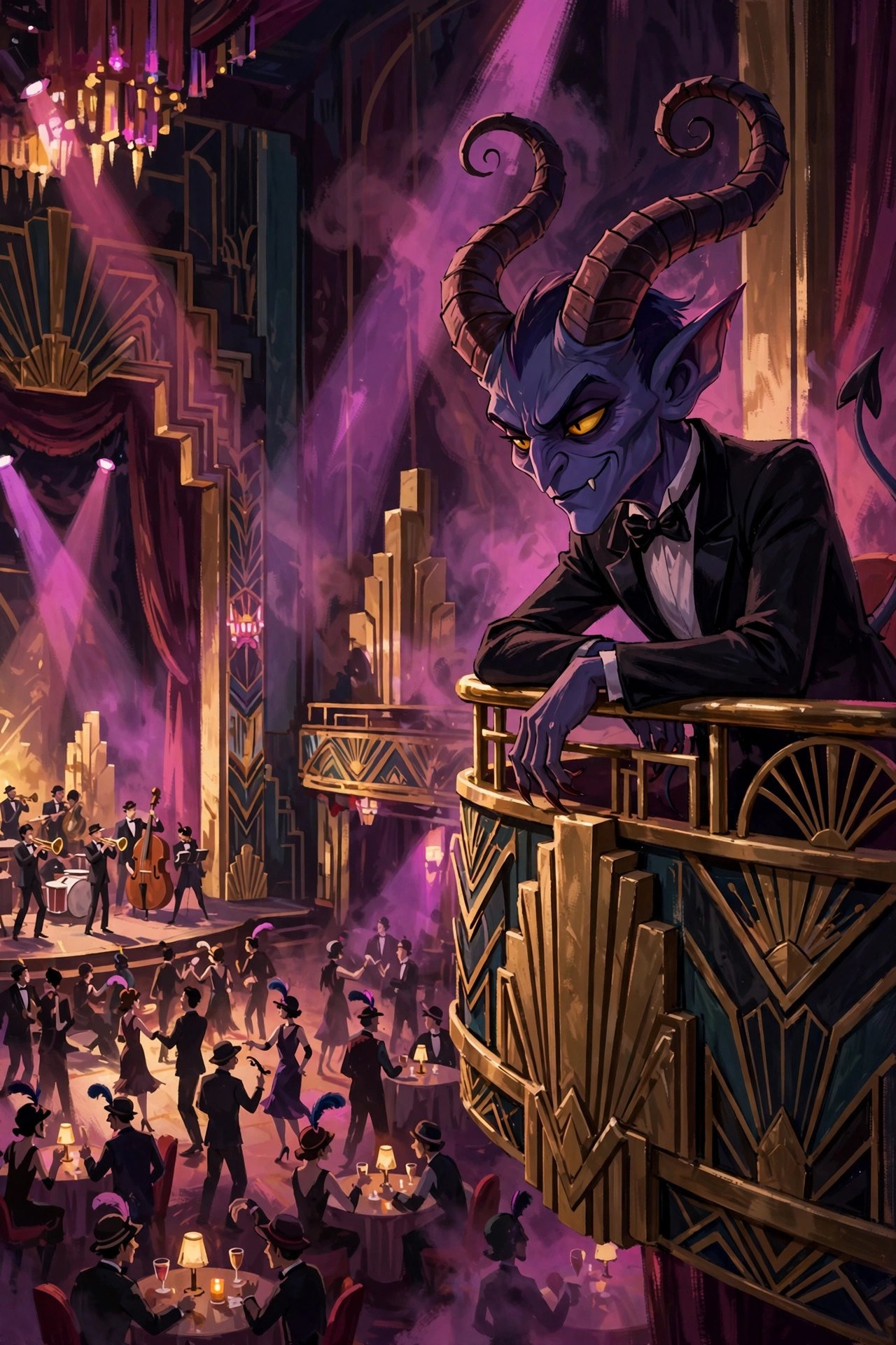 Velvet Damnation leaning on the brass rail of the art deco balcony, overlooking the cabaret floor