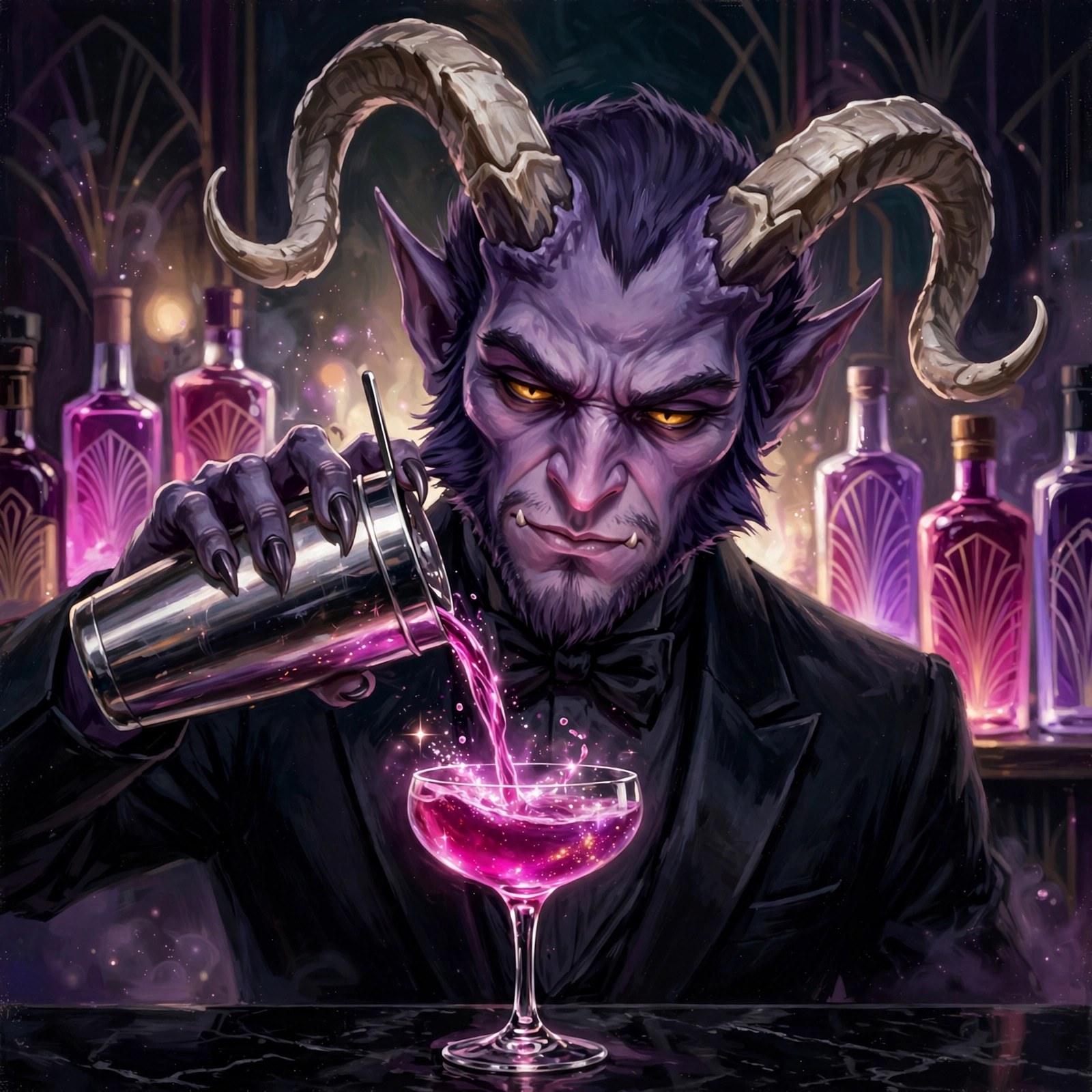 The demon bartender pouring a glowing magenta cocktail at the long bar