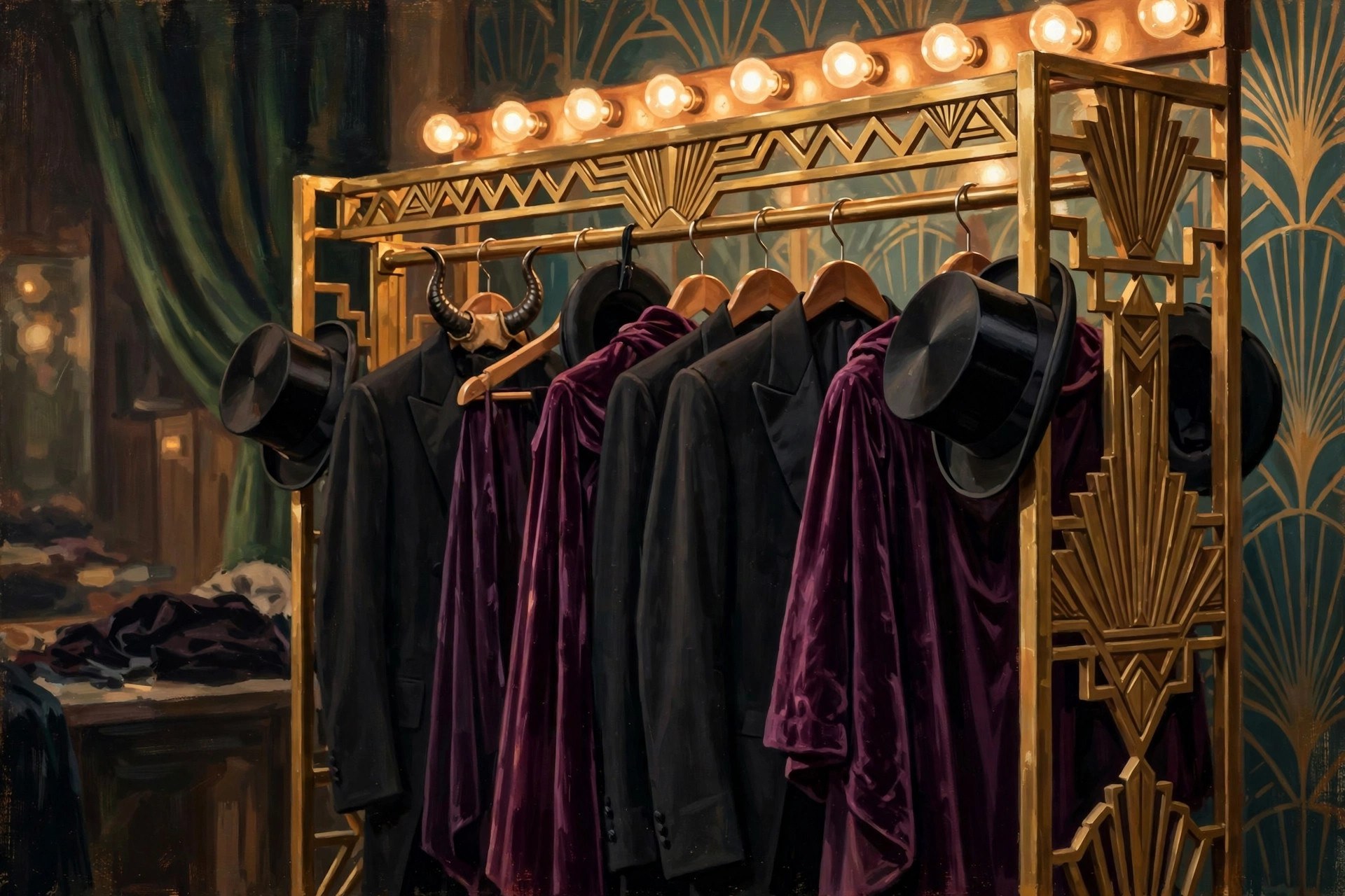 Backstage costume rack with tuxedos, velvet capes, top hats, and a pair of small demon horns