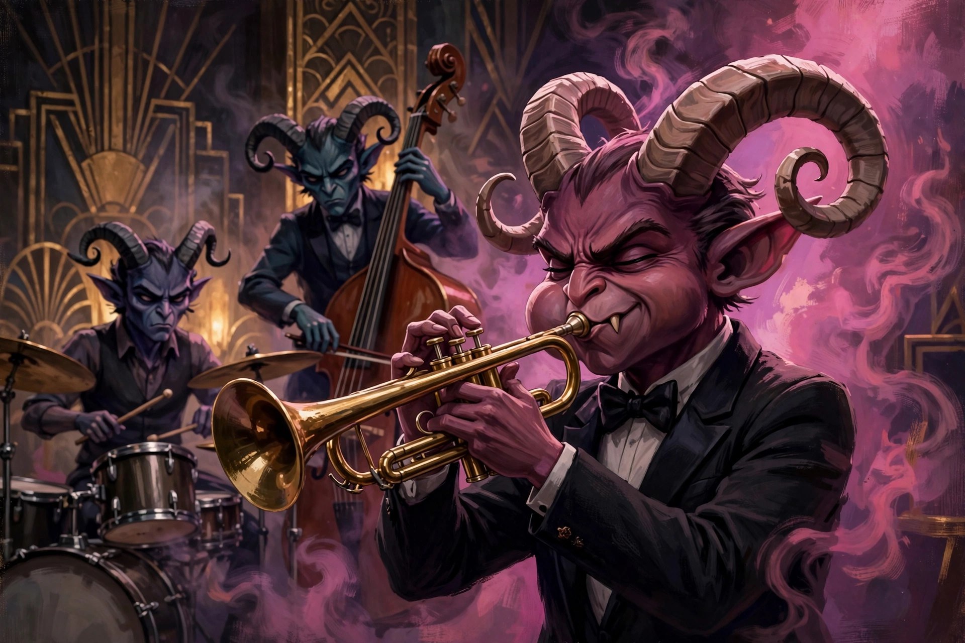 The demon house band on stage: trumpet player mid-solo with drummer and bassist behind