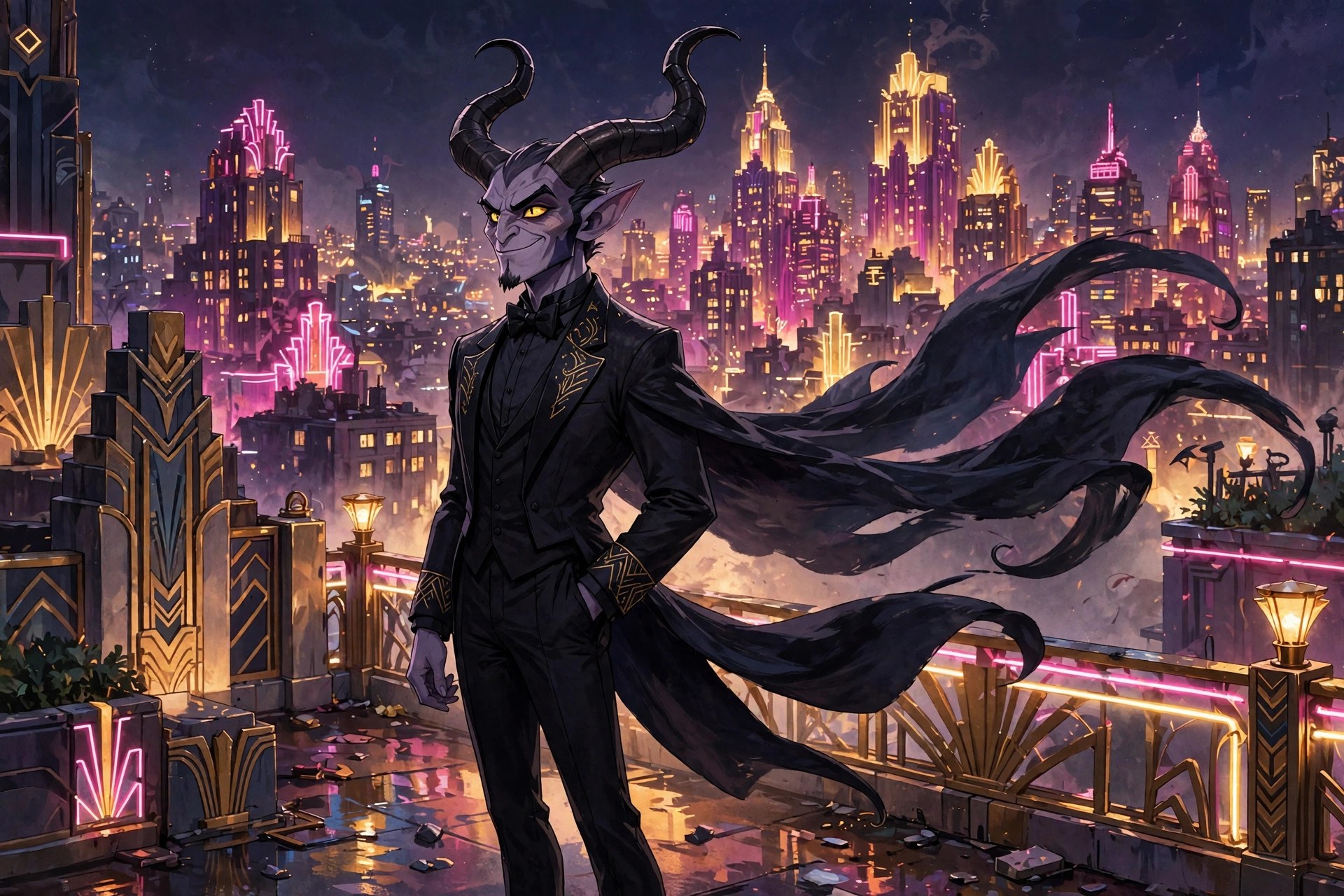 Velvet Damnation on a neon-lit art deco rooftop at night, city glowing behind him