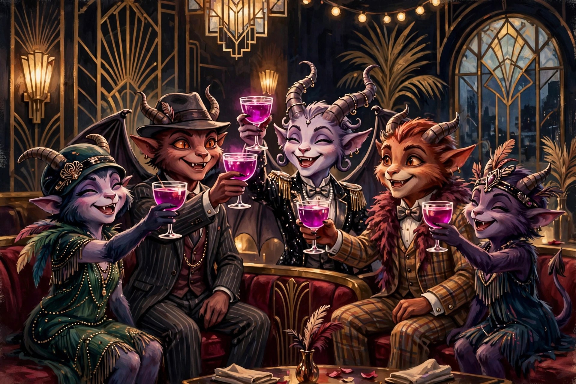 Demon cabaret performers raising glowing magenta cocktails in a midnight toast