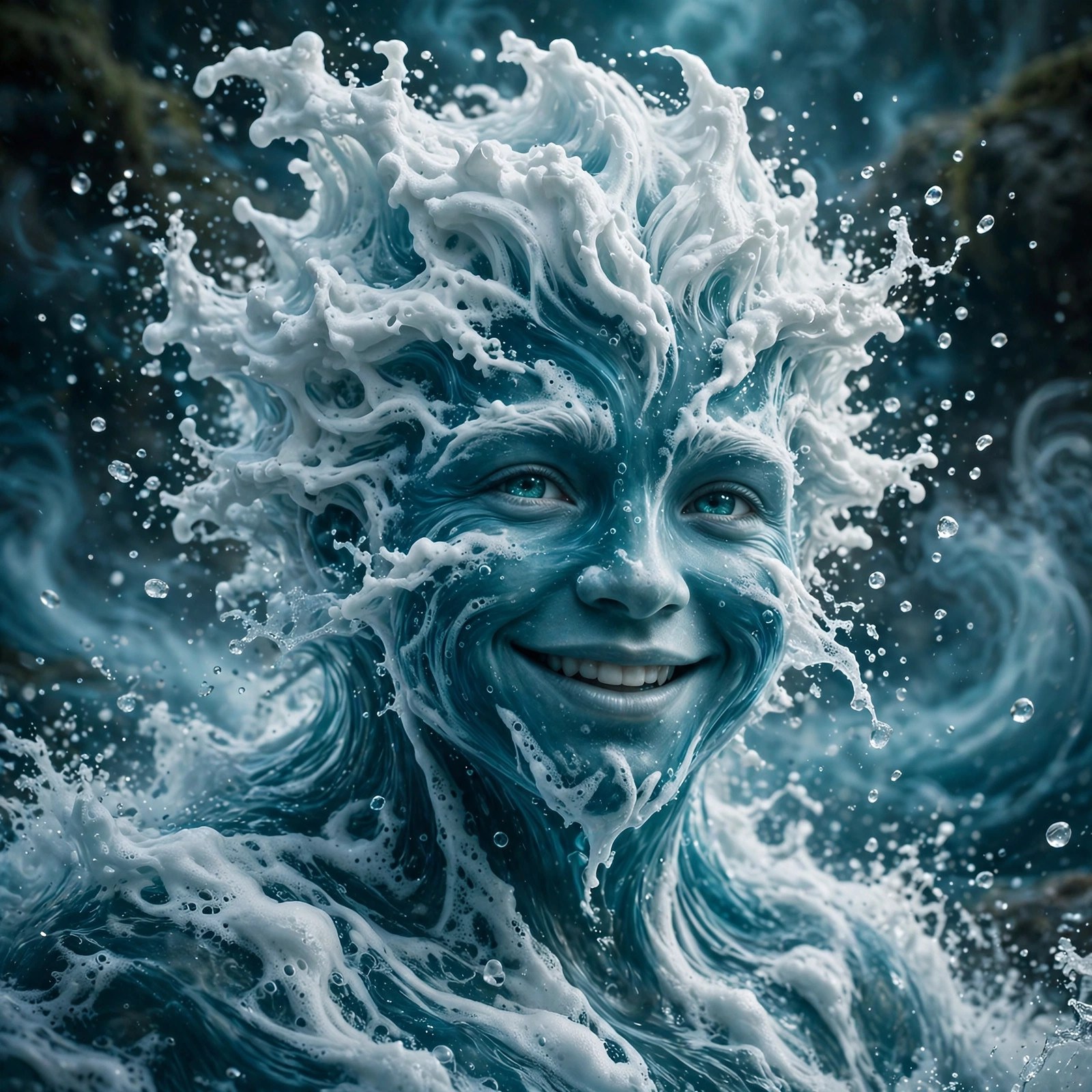 AI-generated dramatization art: Close-up portrait, spray frozen mid-air