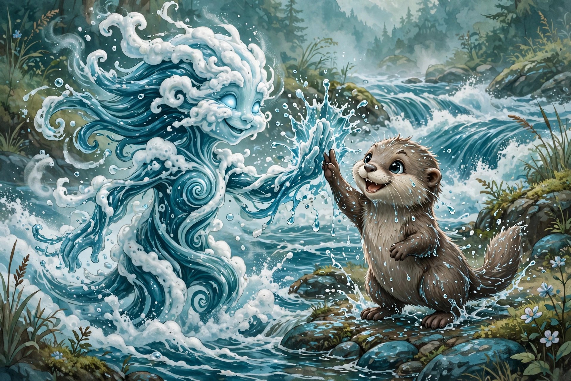 AI-generated dramatization art: High-fiving Pebble on the riverbank