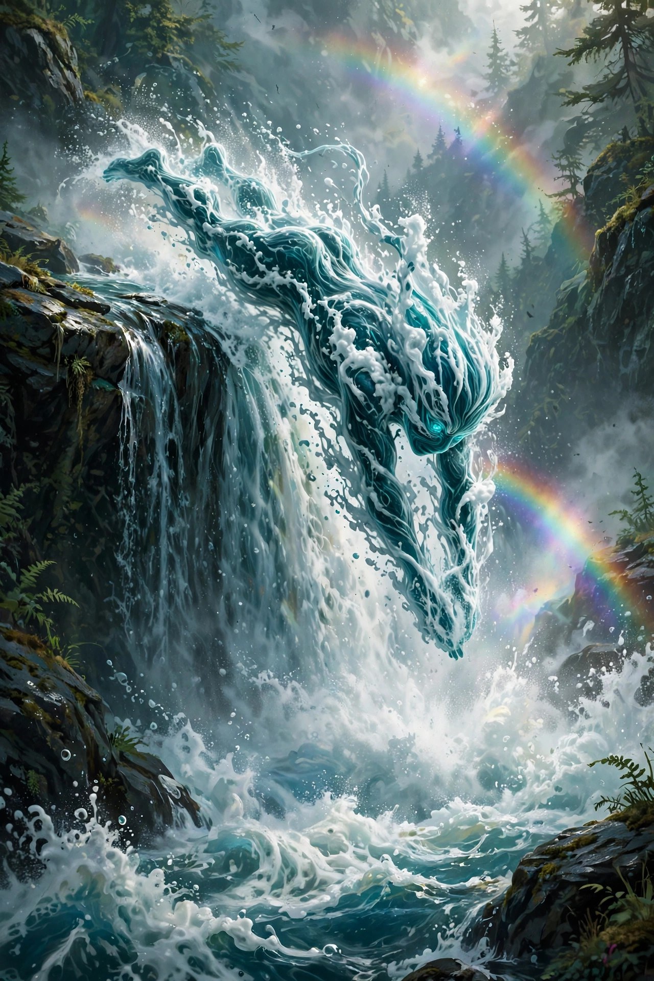 AI-generated dramatization art: Leaping the waterfall's lip, rainbow in the spray