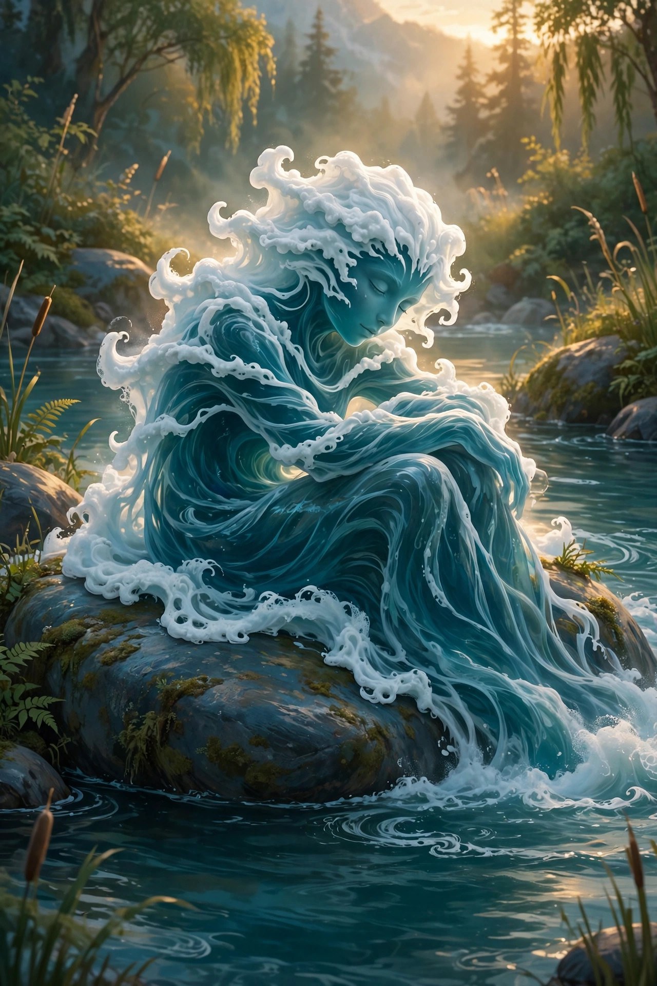 AI-generated dramatization art: Resting on a boulder at golden hour