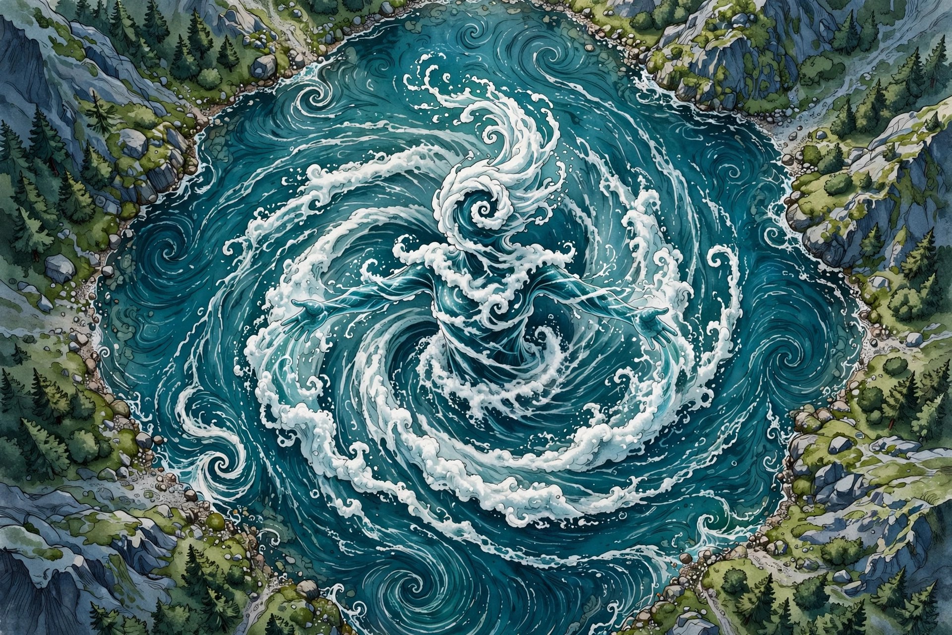 AI-generated dramatization art: Spinning a whirlpool, top-down