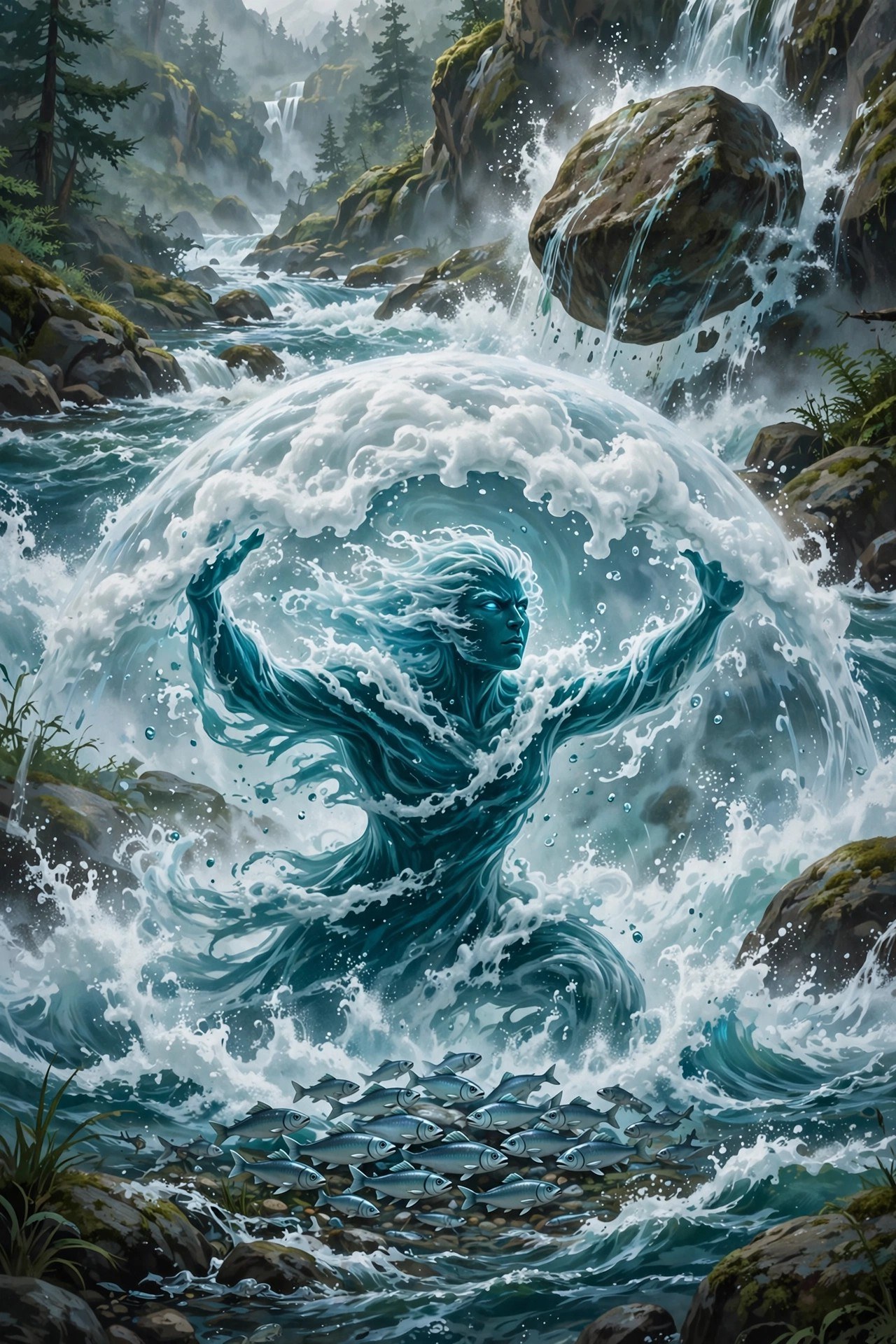AI-generated dramatization art: Shielding fish with a foam dome
