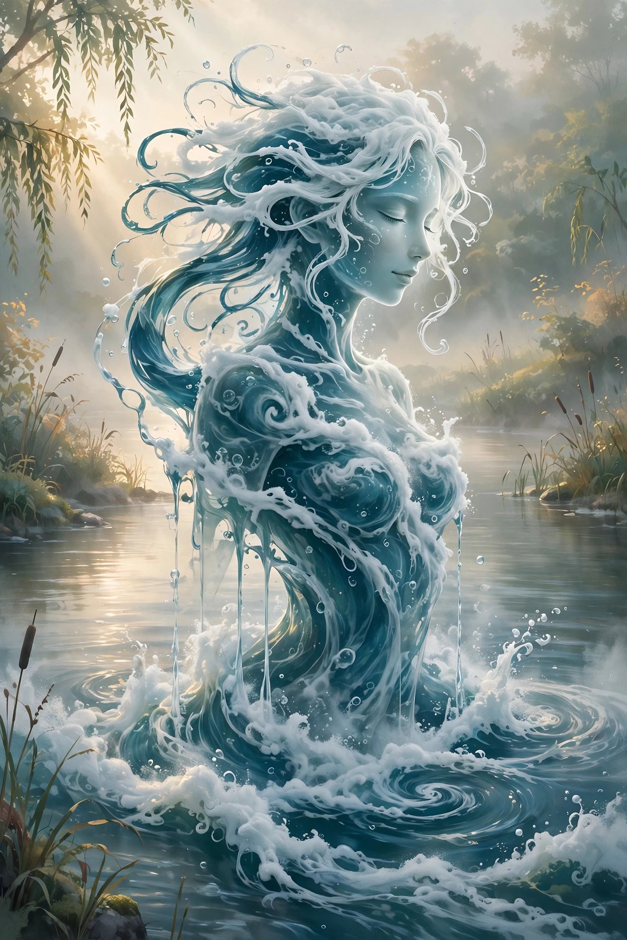 AI-generated dramatization art: Emerging from dawn mist