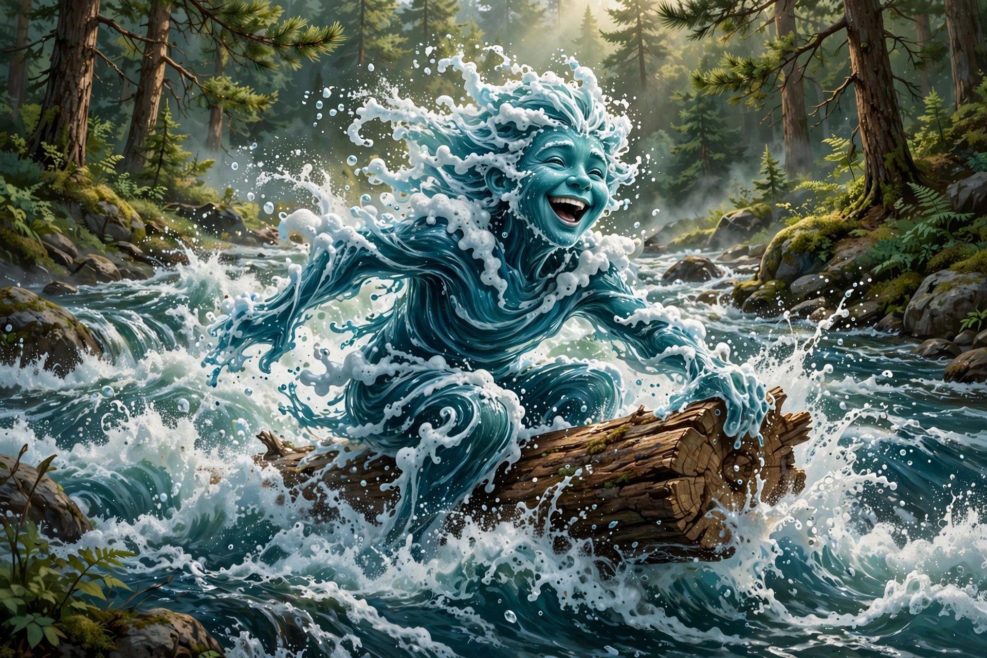 AI-generated dramatization art: Log-flume ride through the pines