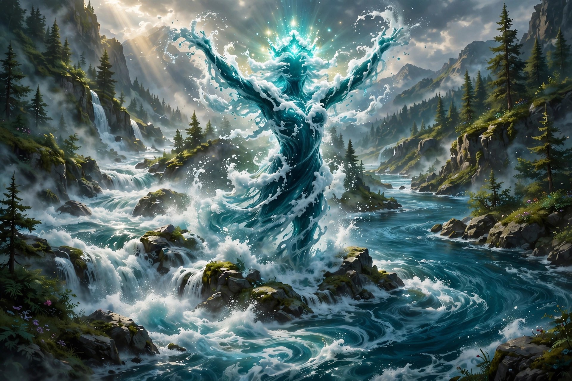 AI-generated dramatization art: The Confluence Call, arms raised