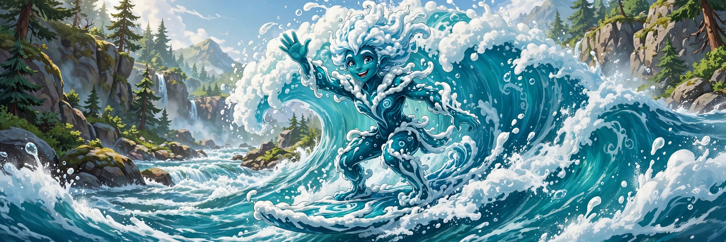AI-generated wide banner art of the whitewater rapids spirit waving while surfing a giant curling rapid