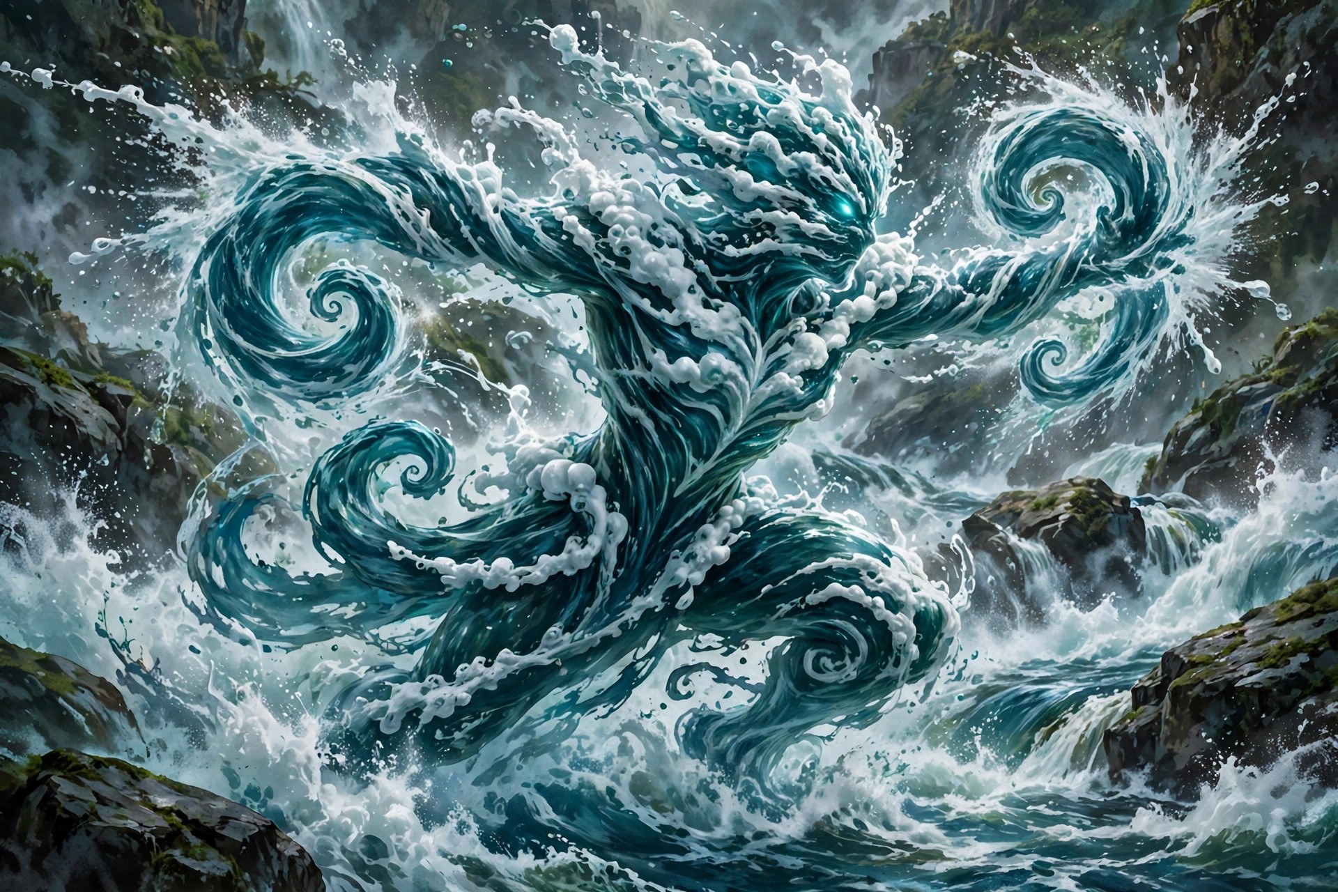AI-generated art of a whitewater rapids spirit channeling swirling rapids energy with spiral currents around its arms