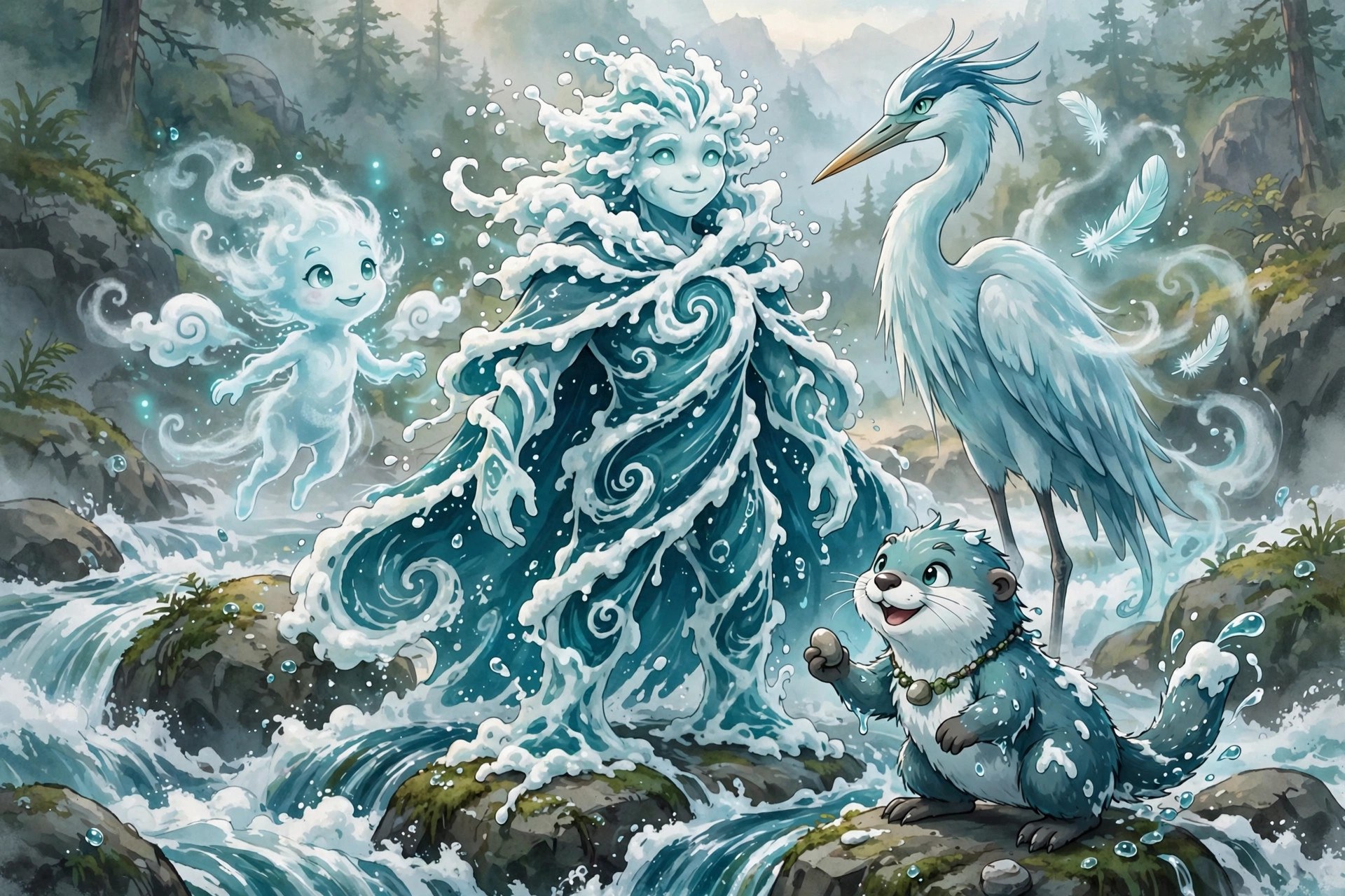 AI-generated art of a whitewater rapids spirit with allies: a mist sprite, a heron spirit, and an otter-like river creature on river rocks at dawn