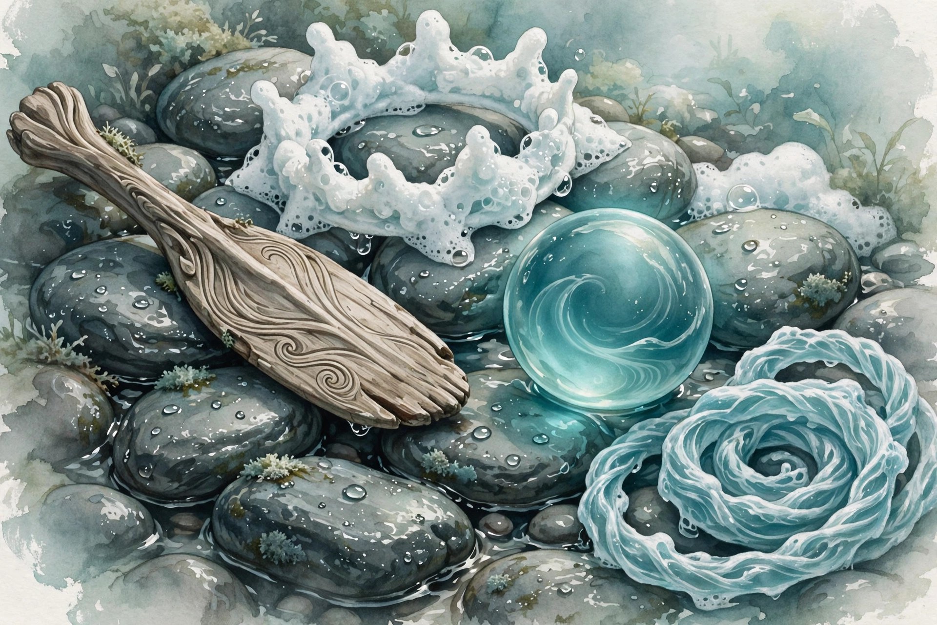 AI-generated still-life art of magical river artifacts on wet stones: a driftwood paddle, a foam crown, a glowing teal orb, and a coiled current-rope