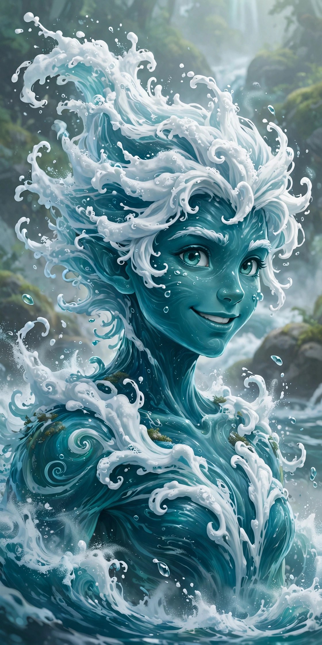 AI-generated three-quarter portrait of White Water Power, a whitewater rapids spirit of foam and teal water