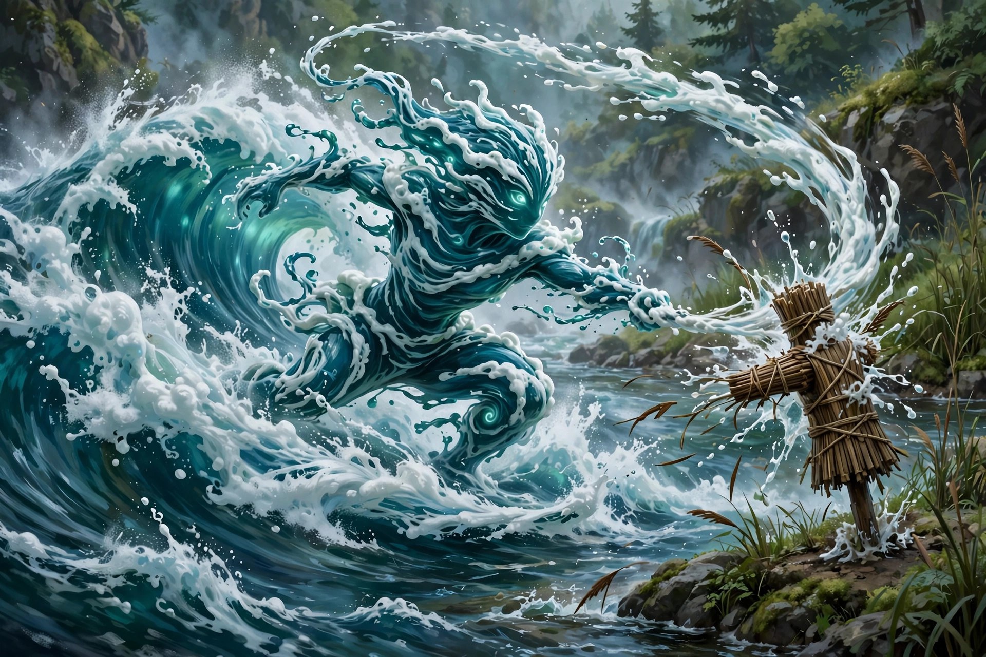 AI-generated art of a whitewater rapids spirit sparring with a foam whip against a woven training dummy on a riverbank