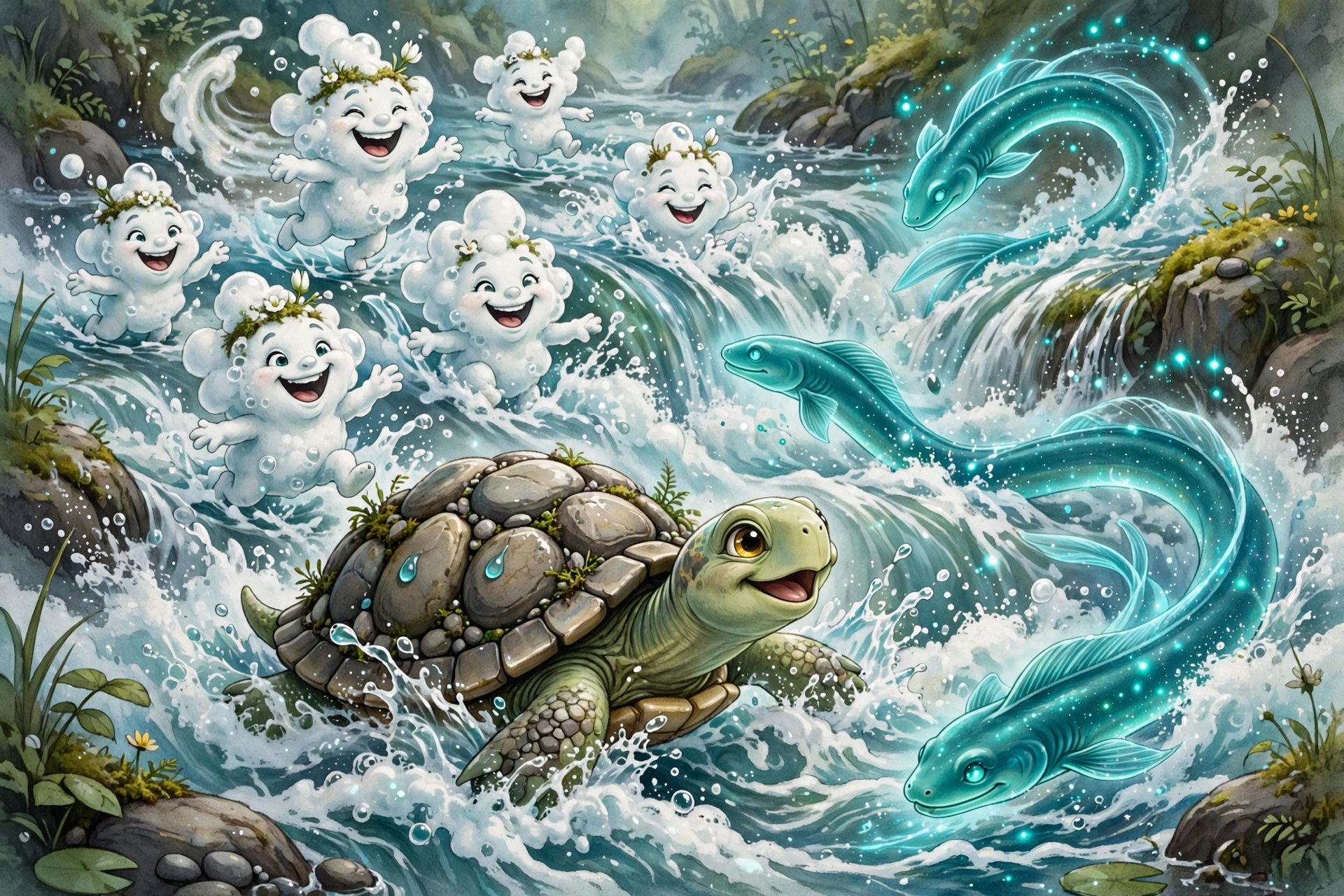AI-generated art of magical river creatures — foam sprites, glowing current-eels, and a stone-shell turtle — playing in rapids