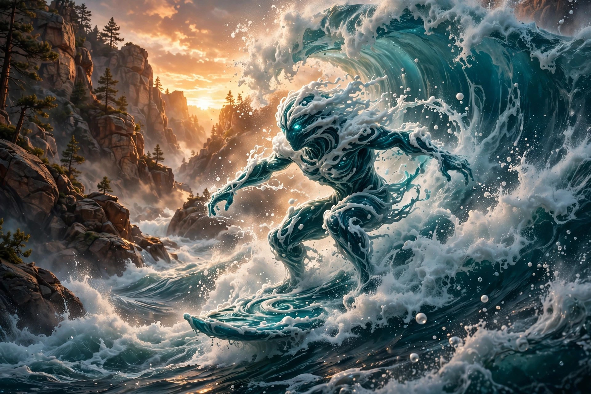 AI-generated art of a whitewater rapids spirit surfing a giant standing wave in a canyon at sunset
