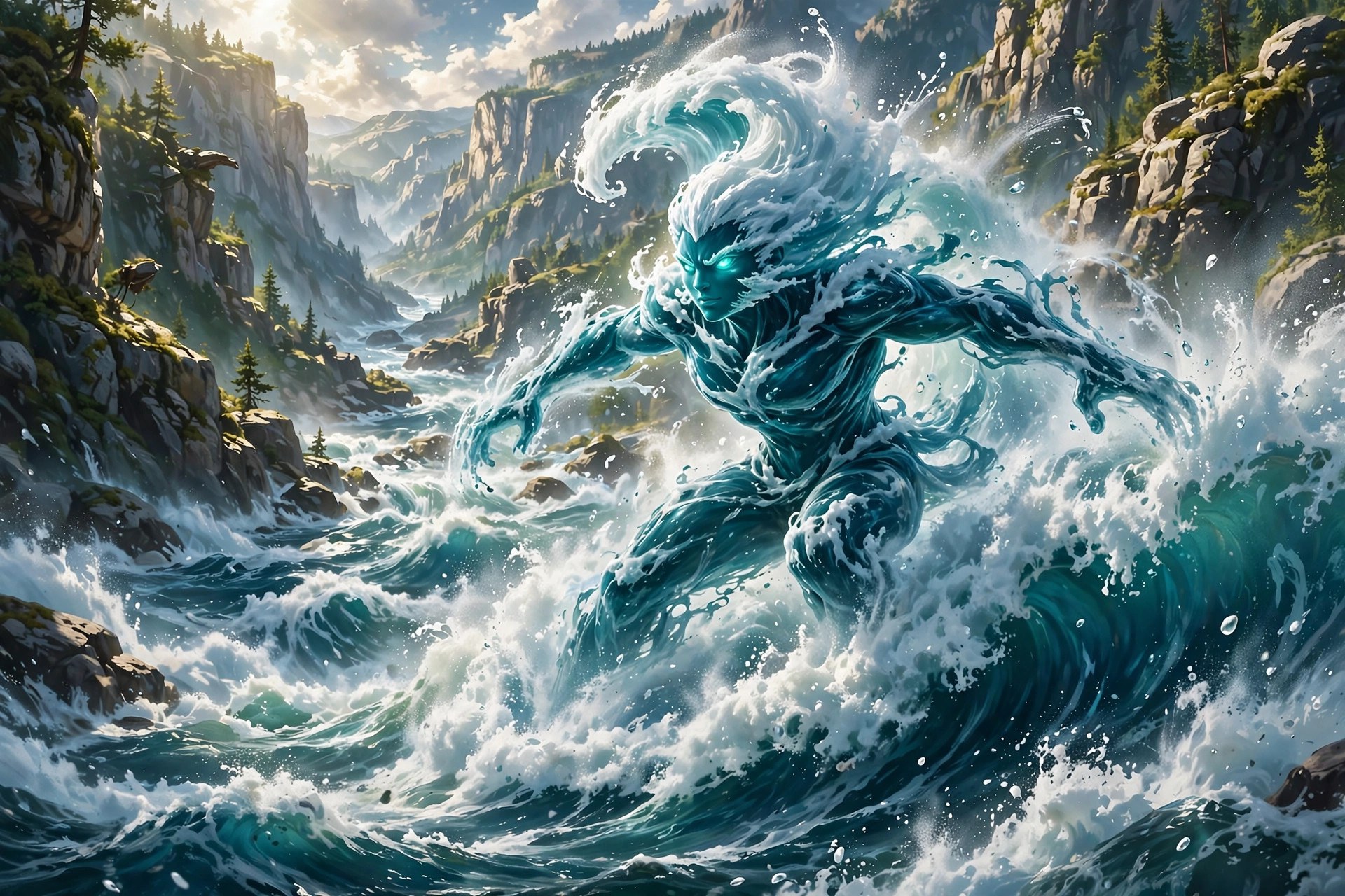 AI-generated art of White Water Power, a whitewater rapids spirit made of churning foam and teal water, riding a massive rapid through a rocky canyon