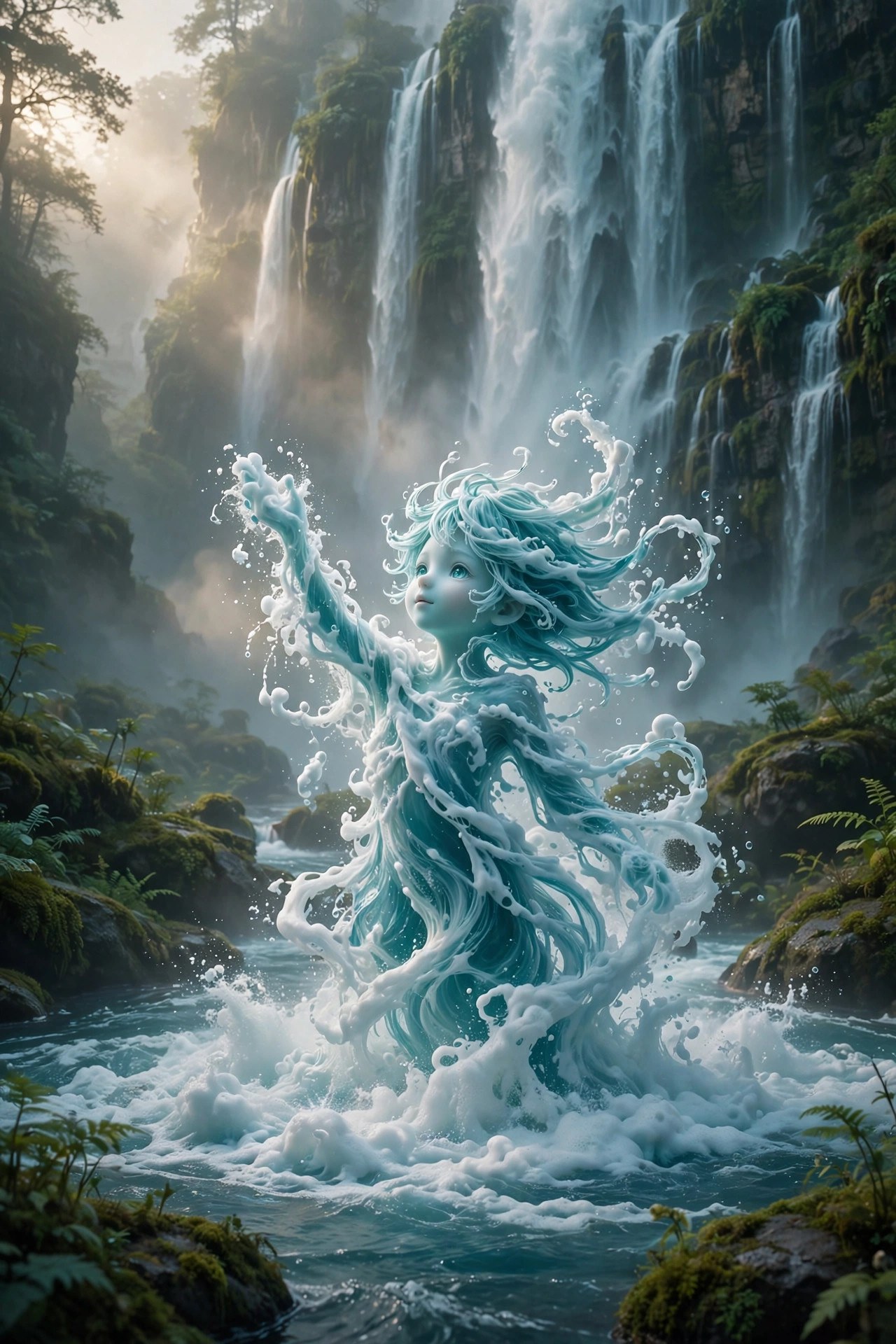 AI-generated art of white foam coalescing into a young water spirit at the base of a towering waterfall at dawn