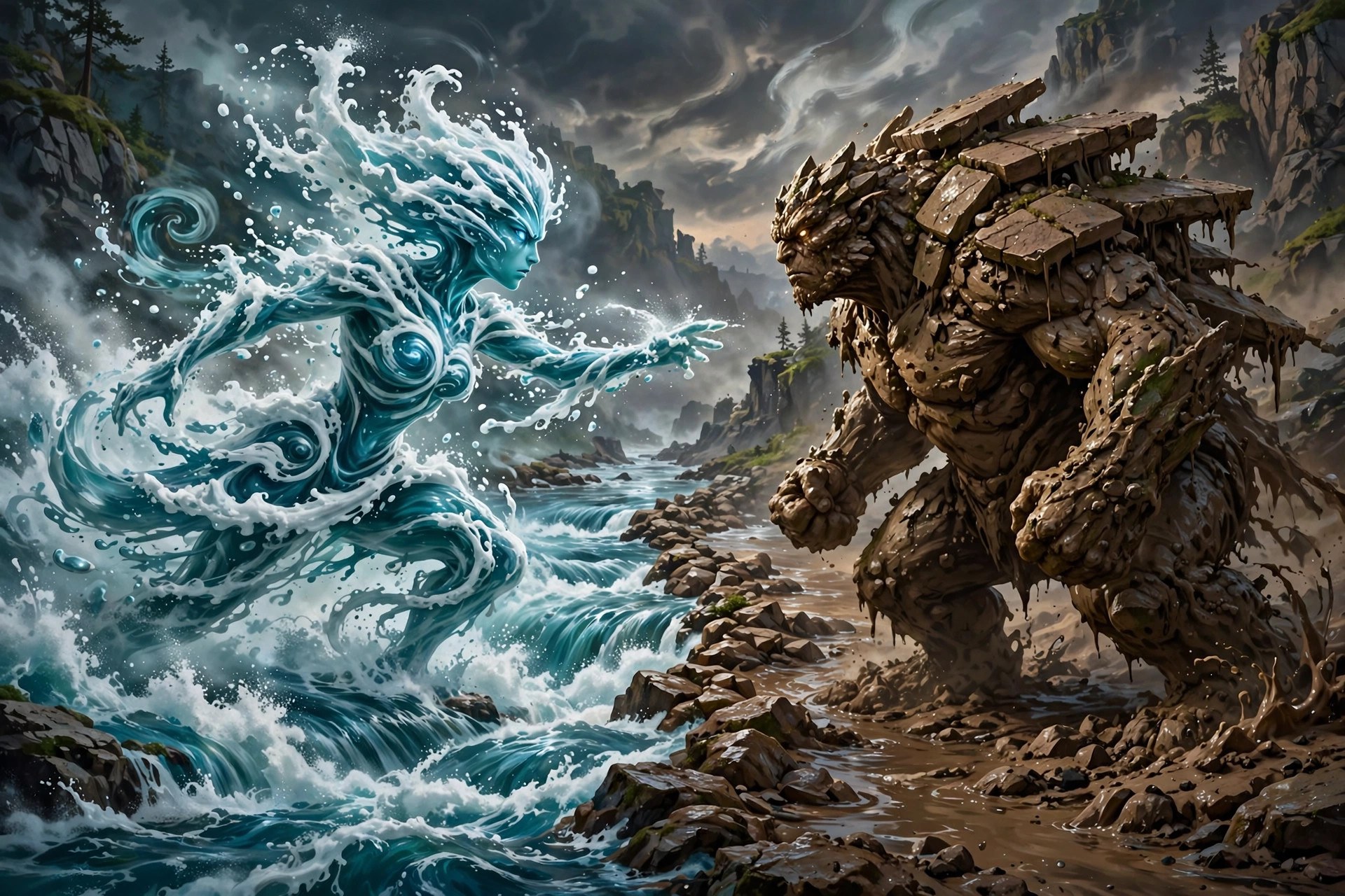 AI-generated art of a bright whitewater rapids spirit facing a hulking muddy silt-and-stone spirit across a divided river