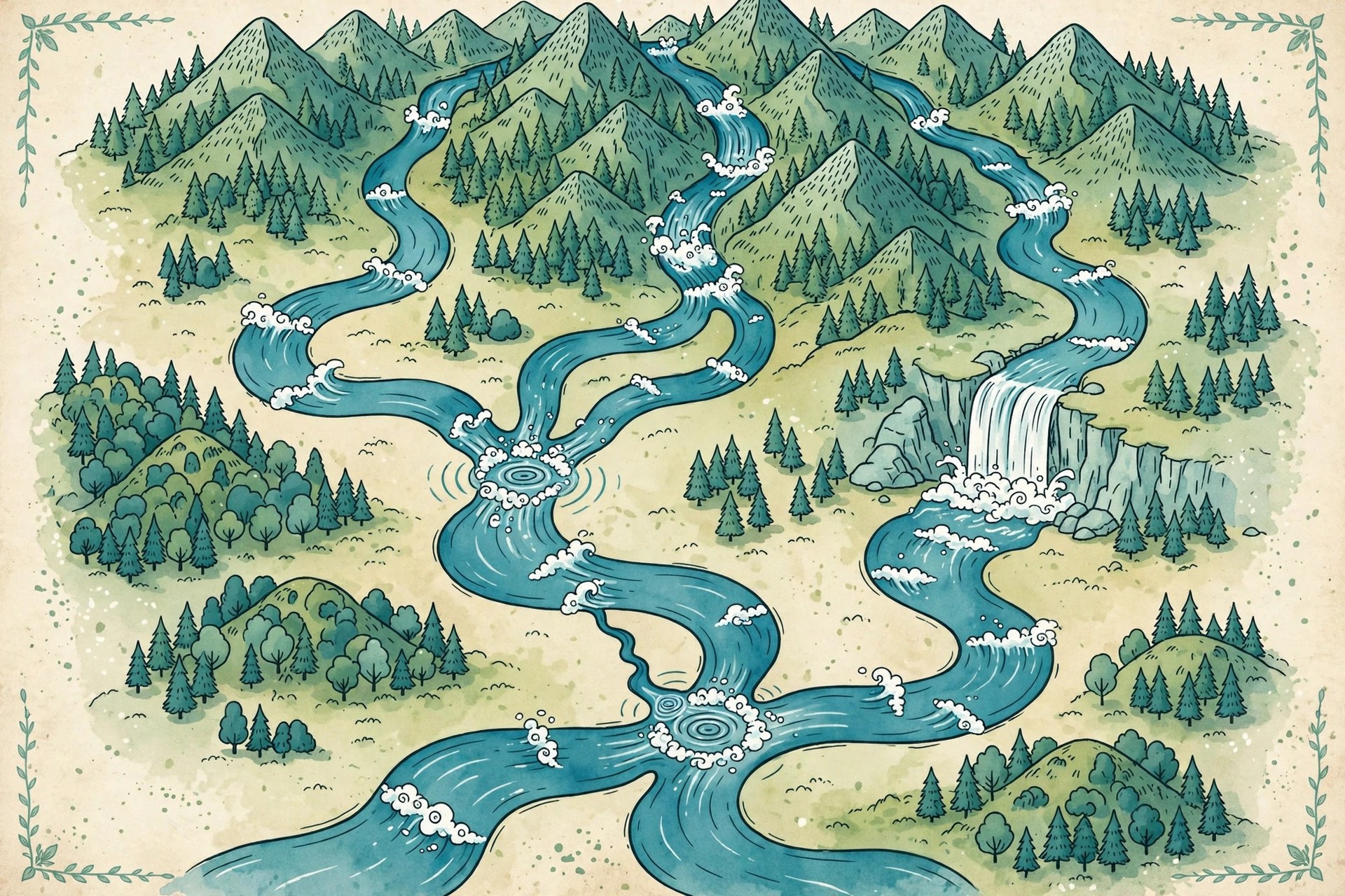 AI-generated art of a stylized fantasy storybook map showing winding teal rivers with whitewater rapids across a fictional land